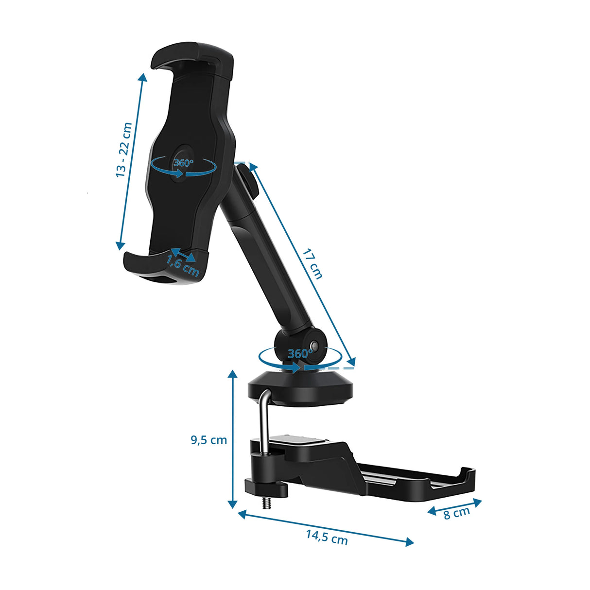 Maßzeichnung der Handy- und Tablet-Halterung FLEXMOBI III mit einer Höhe von 17 cm von hjh OFFICE