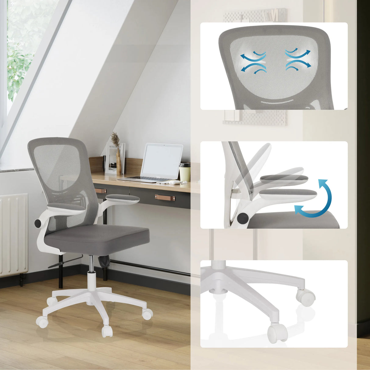 Grauer Home-Office-Bürostuhl BELIO W mit Netzrücken, verstellbaren Armlehnen und Rollen von hjh OFFICE