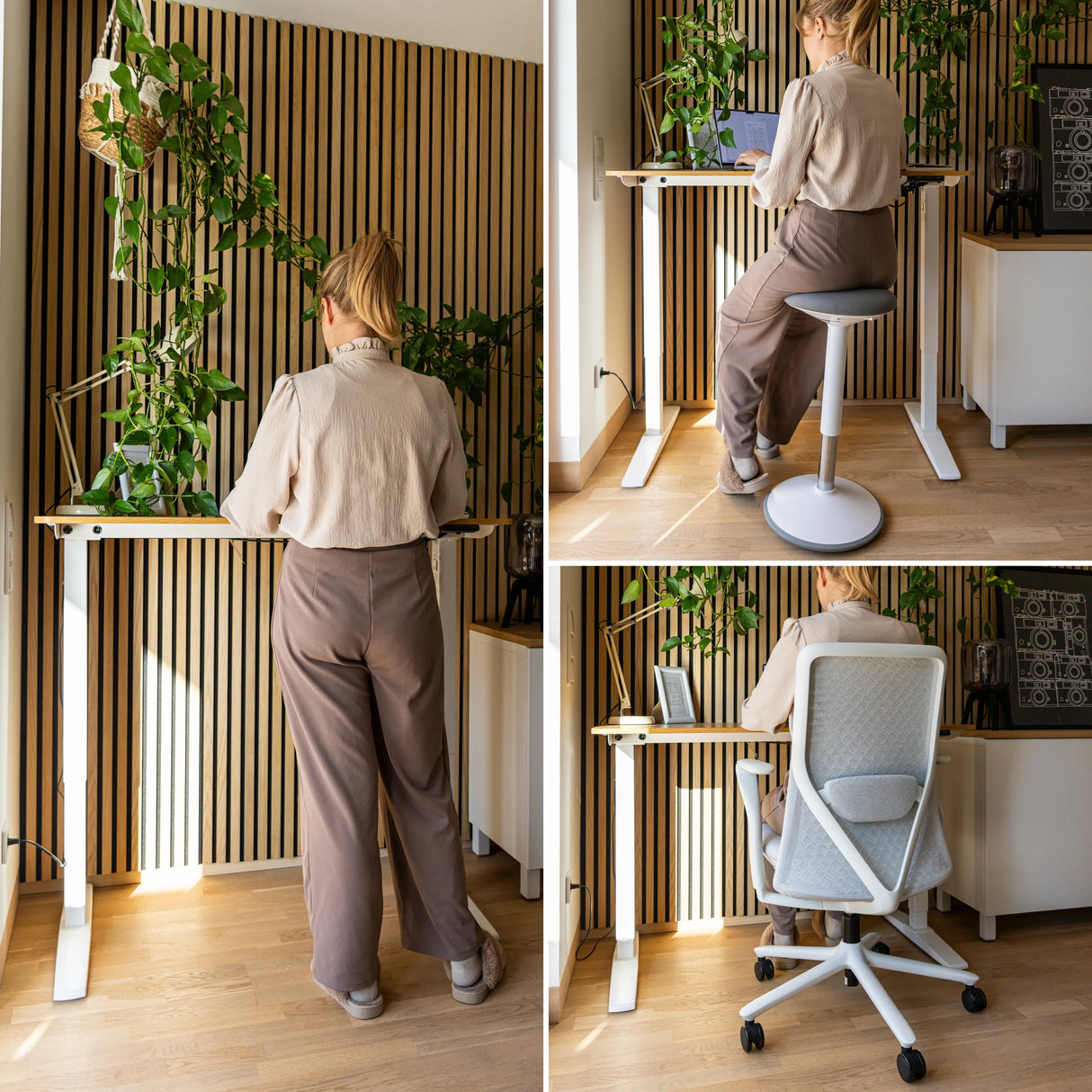 Elektrisch höhenverstellbarer Schreibtisch STAND BASIC in Weiß und Eiche in verschiedenen Höhen von hjh OFFICE