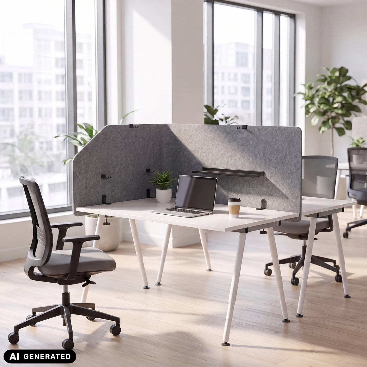 Graue Tischtrennwand FLEXMIUT T TOP in 160 cm Länge auf einem weißen Schreibtisch von hjh OFFICE (KI-generiertes Bild)