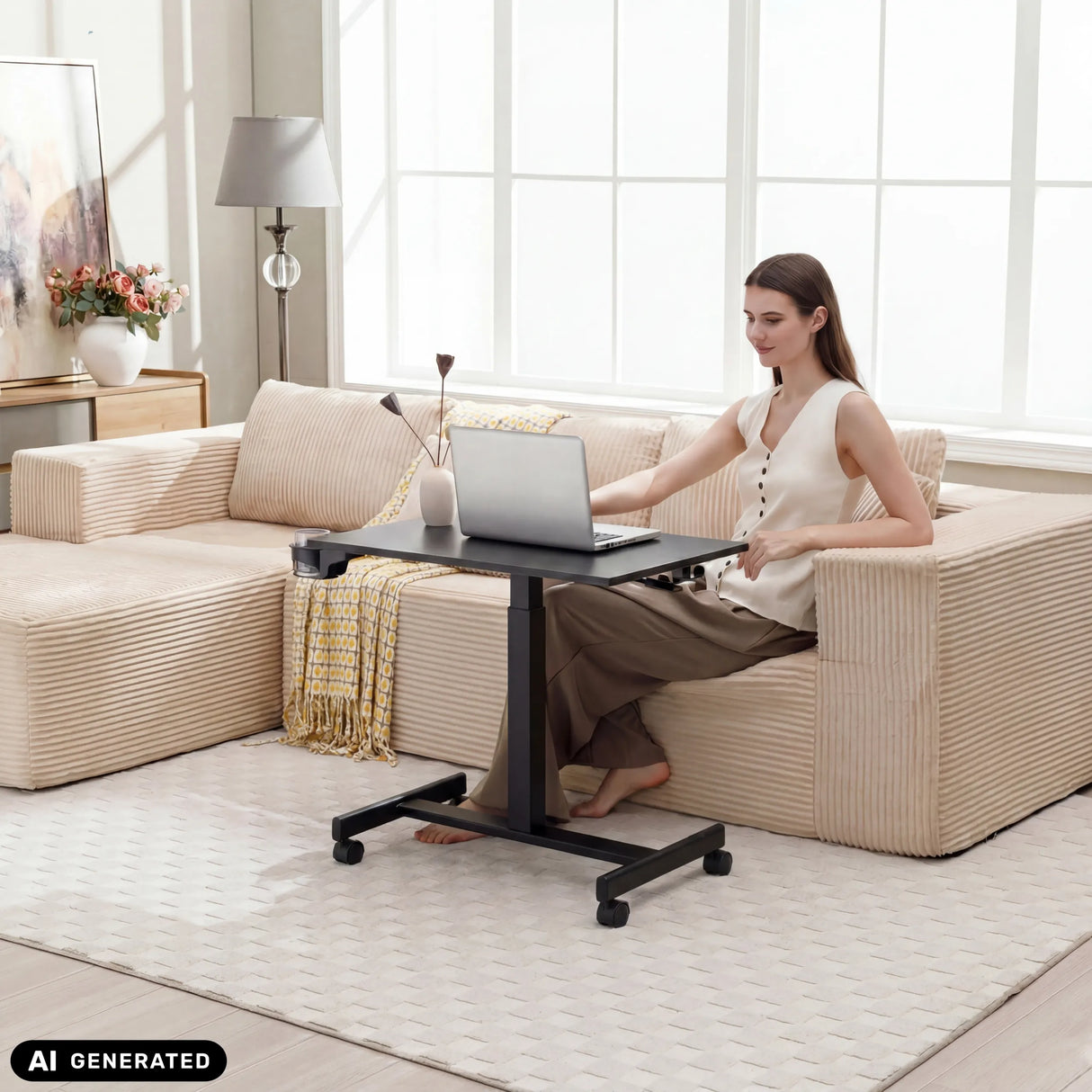 Schwarzer Stehschreibtisch Stand K mit Laptop auf einem hellen Sofa von hjh OFFICE (KI-generiertes Bild)