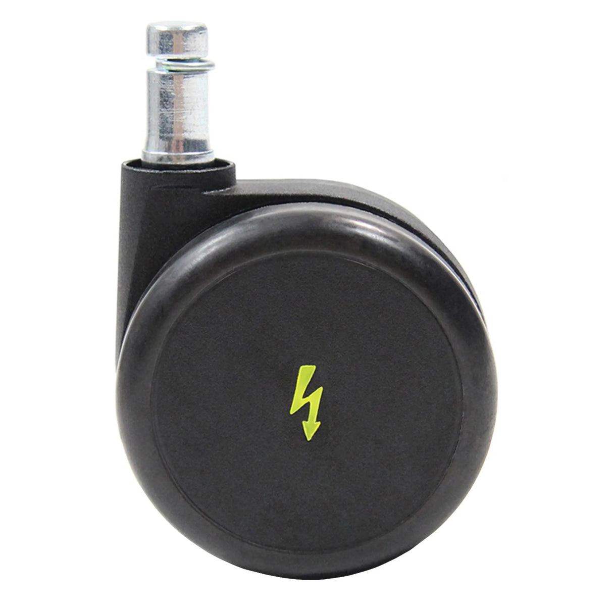 Schwarze Stuhlrolle 5x ROLO ESD 11mm/65mm für Hartböden mit Metallstift und gelbem Blitz-Symbol von hjh OFFICE
