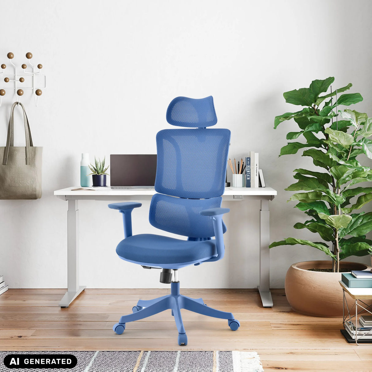 Blauer Homeoffice-Bürostuhl Ergomy Colore mit Netzrückenlehne und Kopfstütze von MyBuero (KI-generiertes Bild)