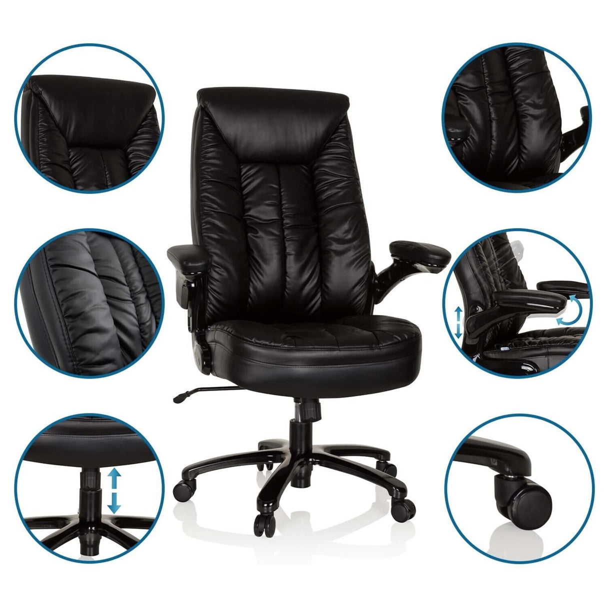 Schwarzer XXL Drehstuhl INSTRUCTOR III aus Leder mit verstellbaren Armlehnen und Gasfeder von hjh OFFICE