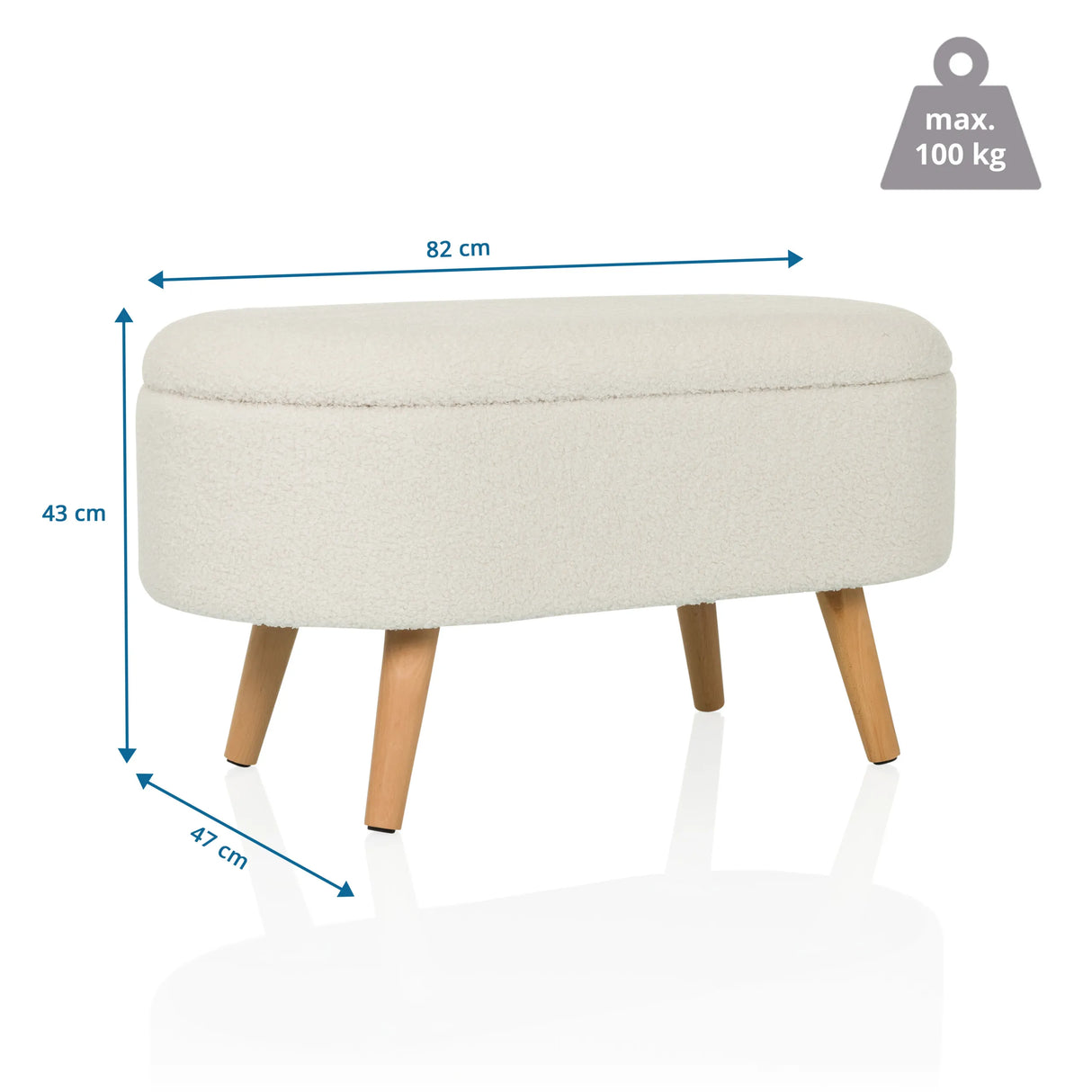 Maßzeichnung der Sitzbank STORIANO mit 82 × 43 cm und maximal 100 kg Belastbarkeit von hjh LIVING