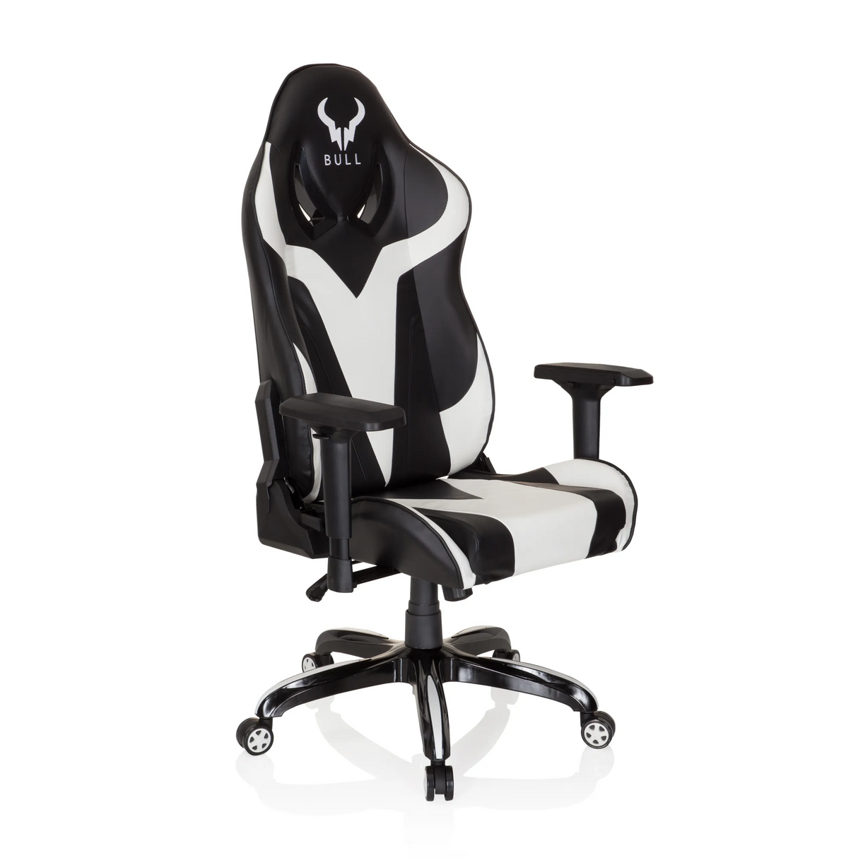 Schwarz-weißer Gamingstuhl PROMOTER I mit Armlehnen und Fußkreuz mit fünf Rollen von hjh OFFICE – 360-Grad-Ansicht (schräge Frontansicht 40°)