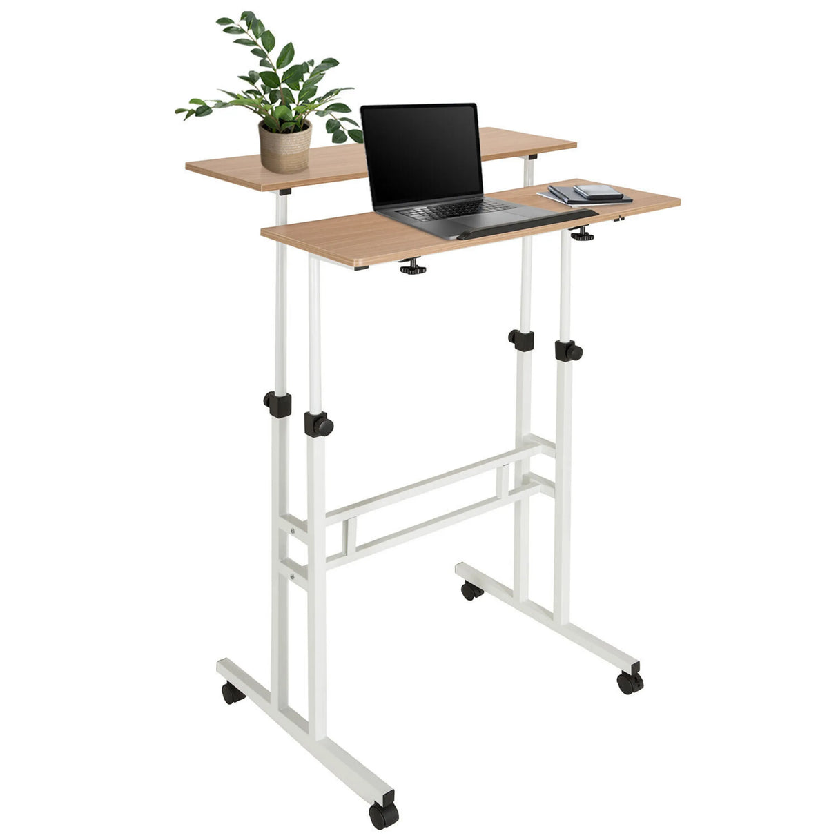 Stehschreibtisch WORKSTATION I in Weiß und Eiche mit zwei Ebenen und Rollen von hjh OFFICE
