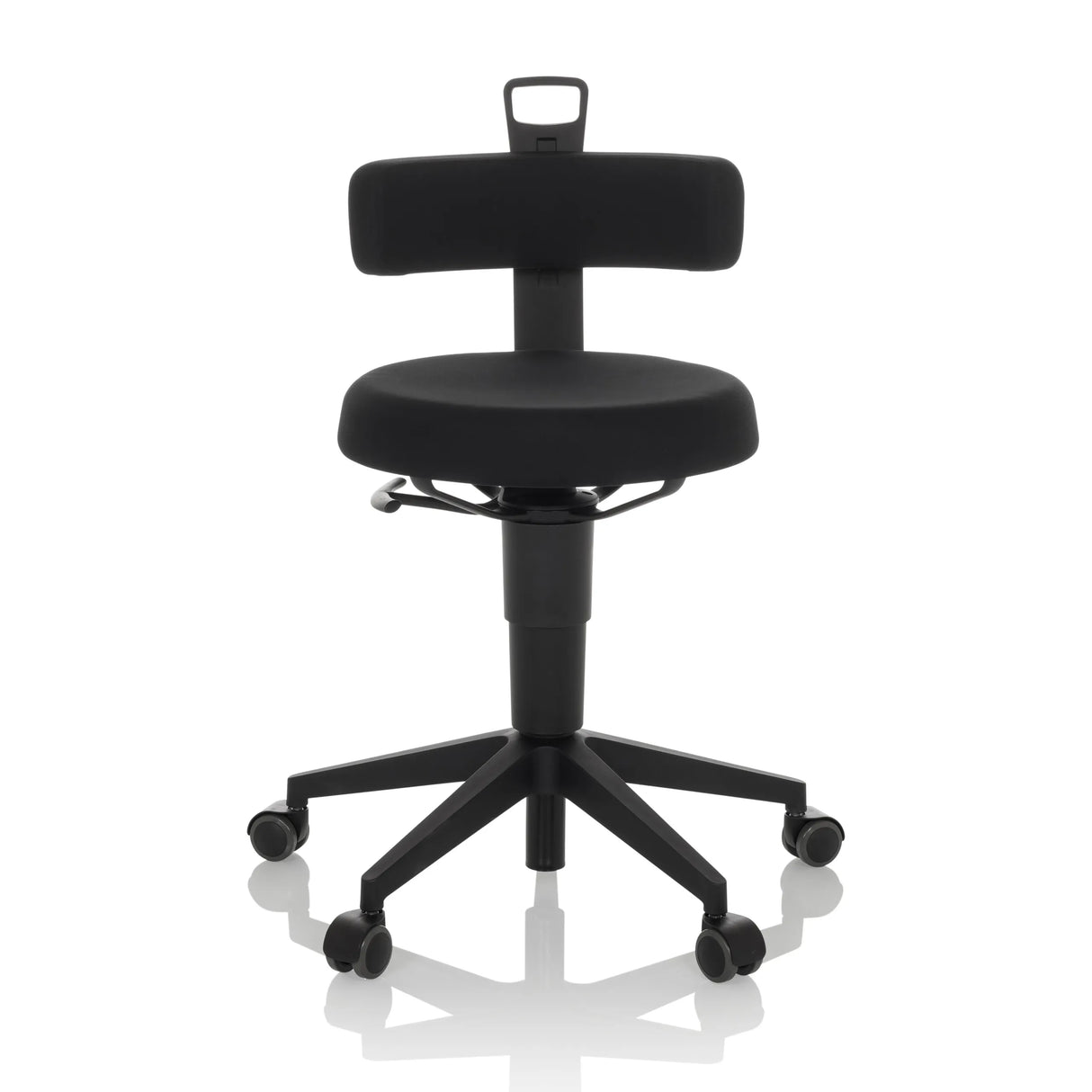 Schwarzer Drehhocker TOP WORK FLEX mit Rückenlehne, Griff und Fußkreuz mit fünf Rollen von hjh OFFICE – 360-Grad-Ansicht (Frontansicht 0°)