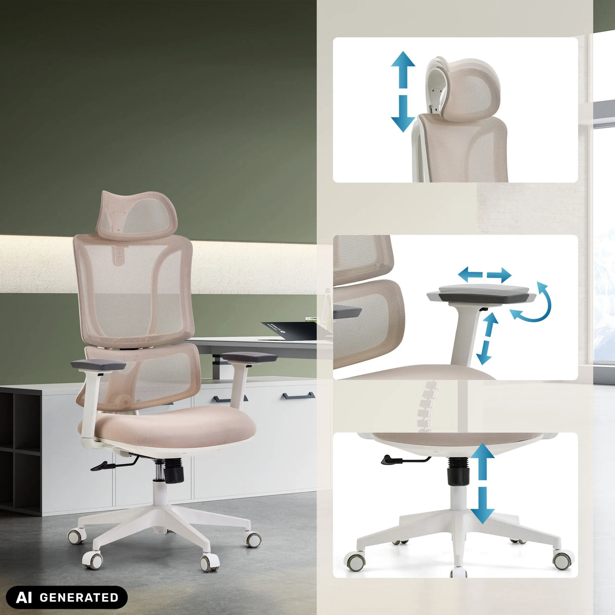 Verstellbare Kopfstütze, Armlehnen und Sitzhöhe des Profi-Bürostuhls ERGOMY W in Beige von MyBuero (KI-generiertes Bild)
