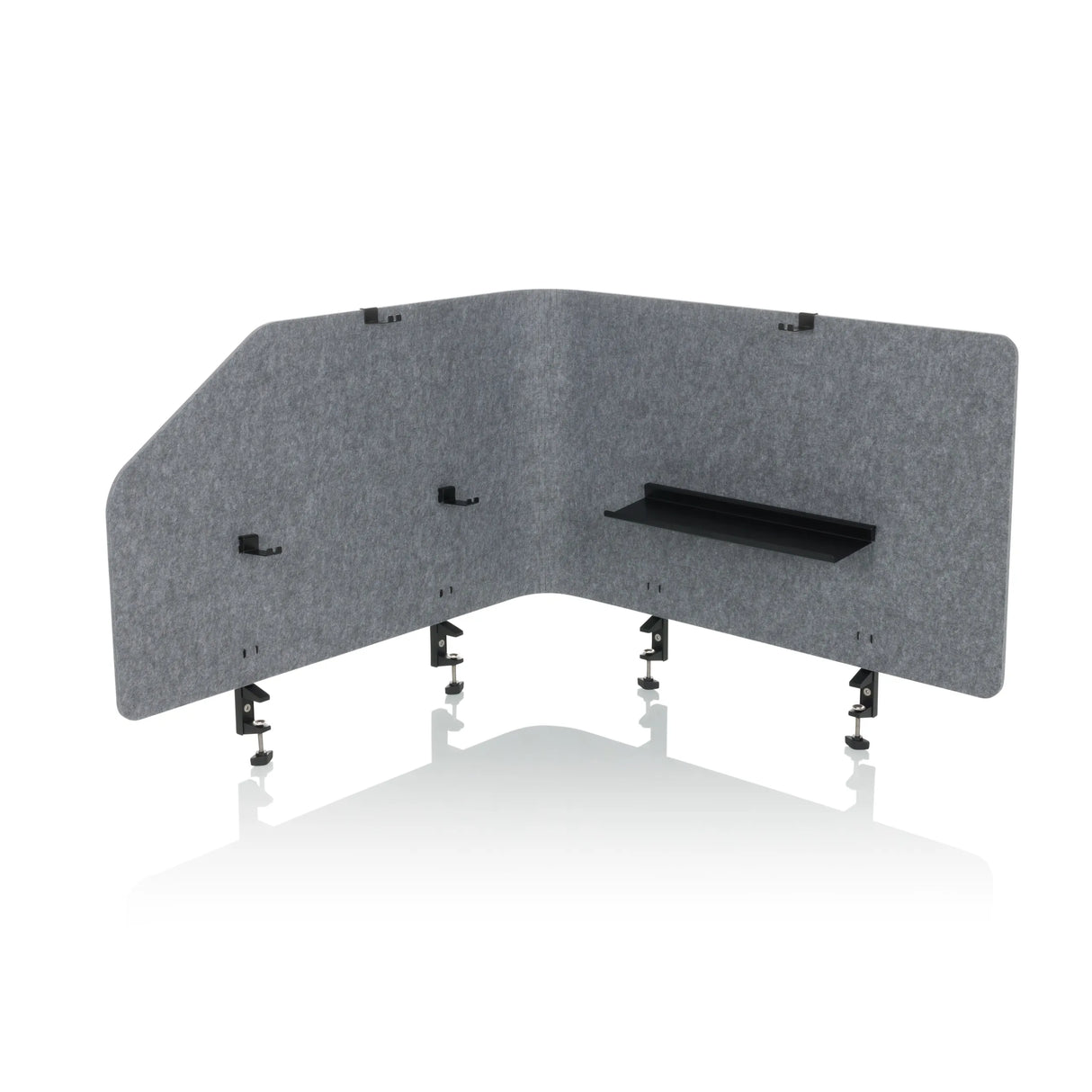 Graue Tischtrennwand FLEXMIUT T TOP mit integrierter Ablage und Befestigungsklemmen von hjh OFFICE – 360-Grad-Ansicht (Frontansicht 0°)