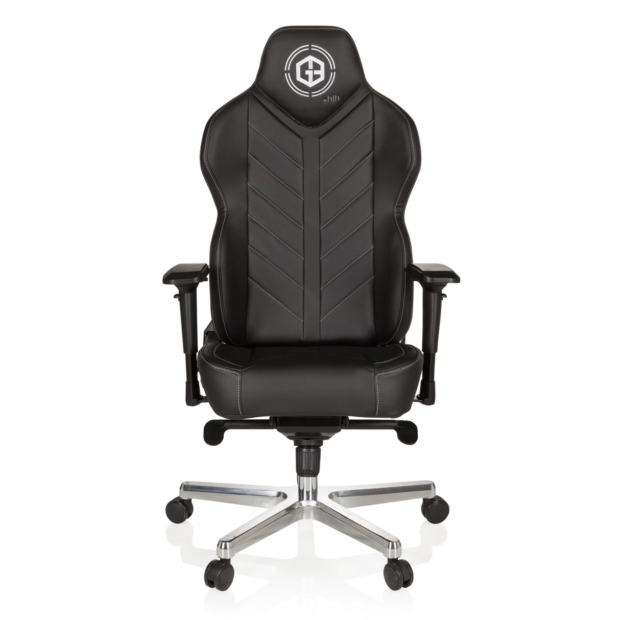 Schwarzer Gamingstuhl GAMEBREAKER COLOSSUS mit Armlehnen und glänzendem Fußkreuz mit fünf Rollen von hjh OFFICE – 360-Grad-Ansicht (Frontansicht 0°)