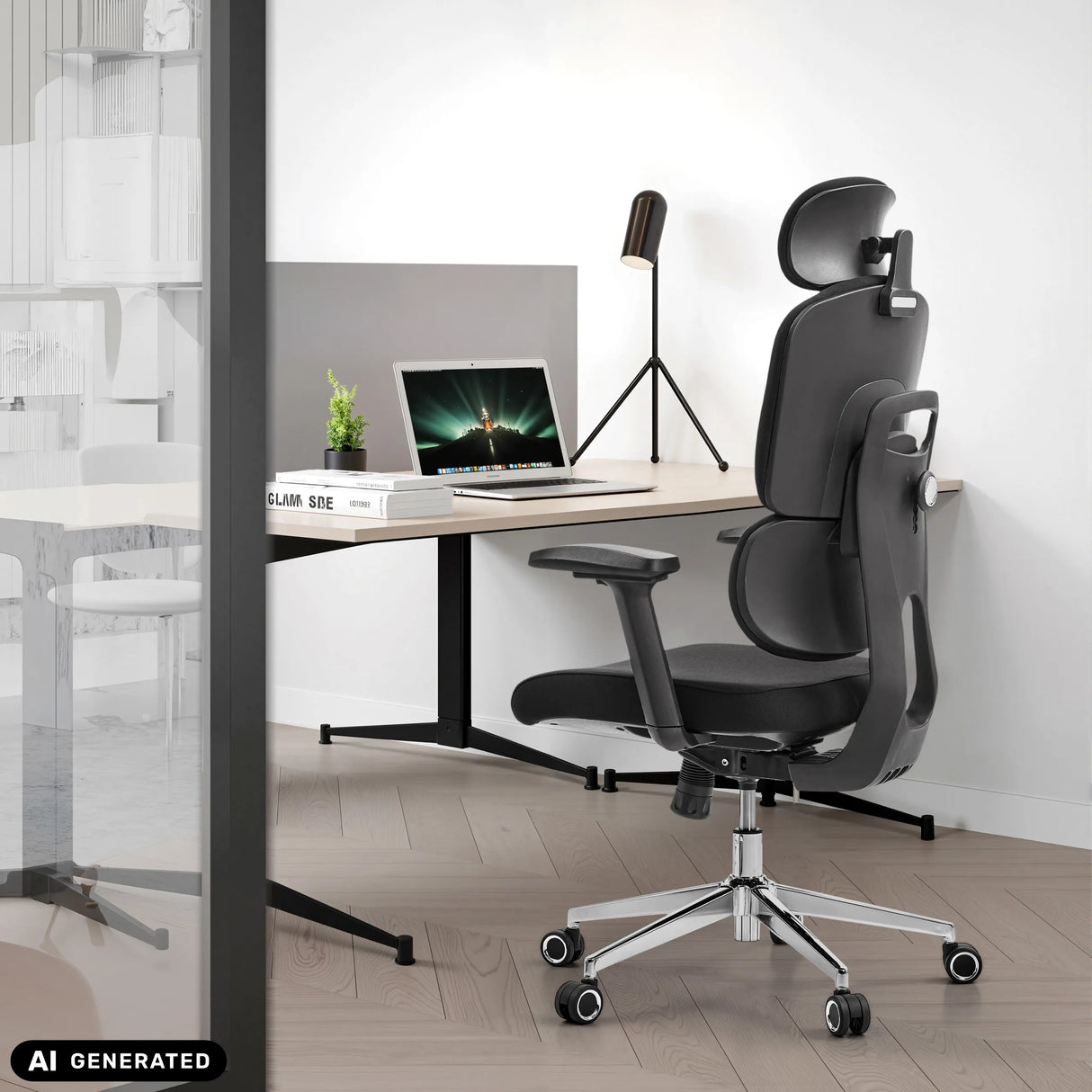 Schwarzer Profi-Bürostuhl Ergomy F 2 mit Kopfstütze und Armlehnen an einem Schreibtisch von hjh OFFICE (KI-generiertes Bild)
