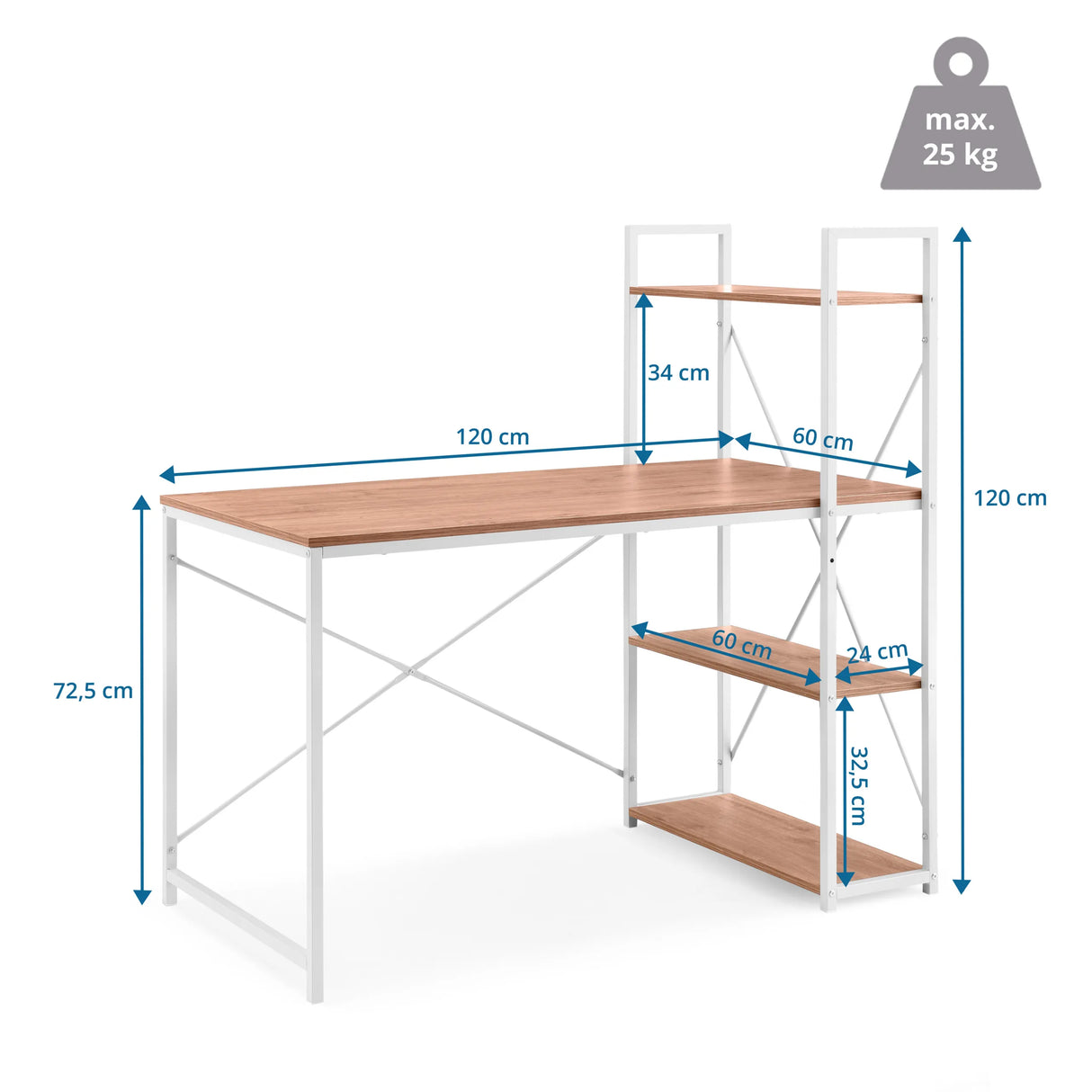 Maßzeichnung des Schreibtischs Easy Up3 mit 120 × 60 cm und einer Gesamthöhe von 120 cm von hjh LIVING