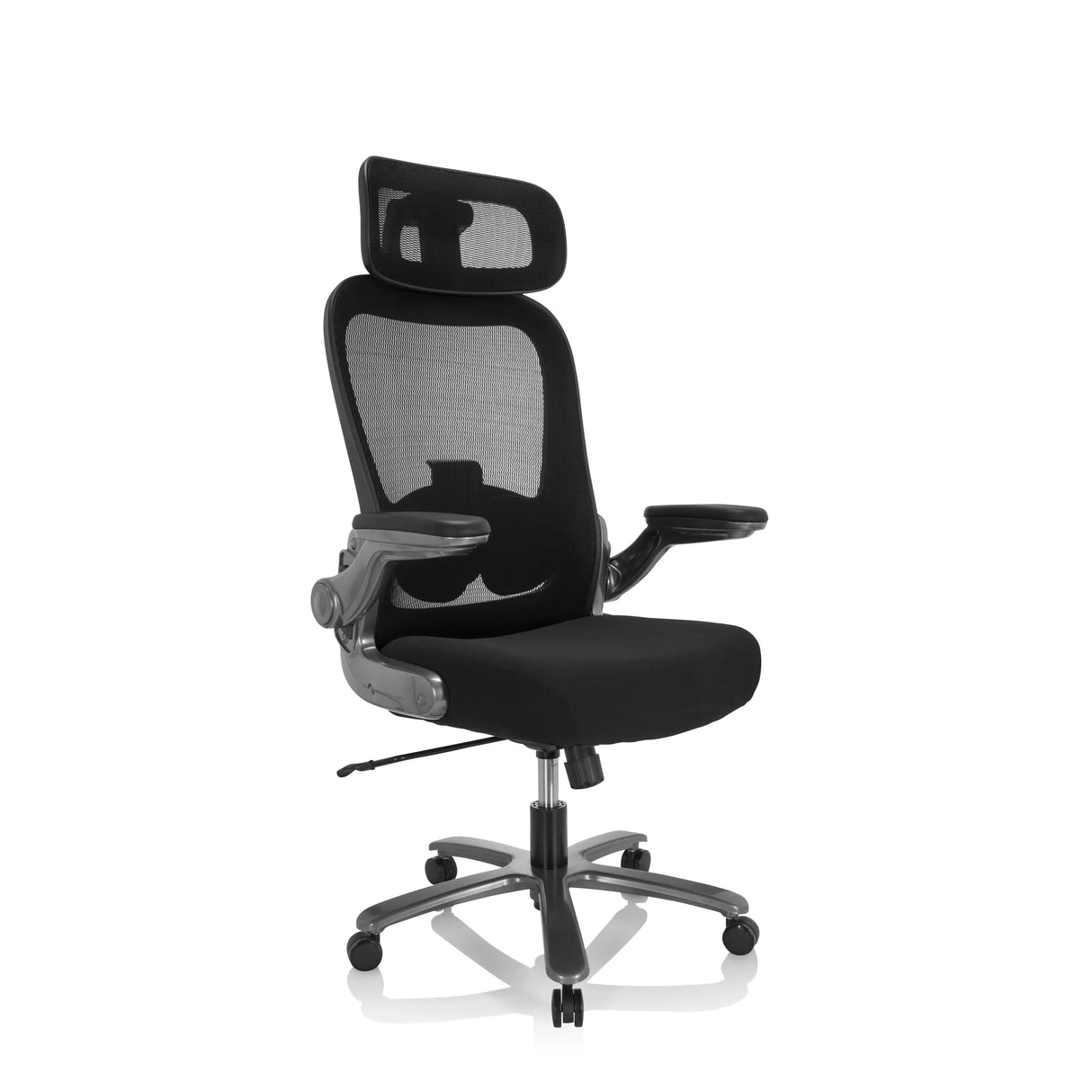 Schwarzer XXL Drehstuhl INSTRUCTOR T I PRO mit Netzrücken und Fußkreuz mit fünf Rollen von hjh OFFICE – 360-Grad-Ansicht (schräge Frontansicht 40°)