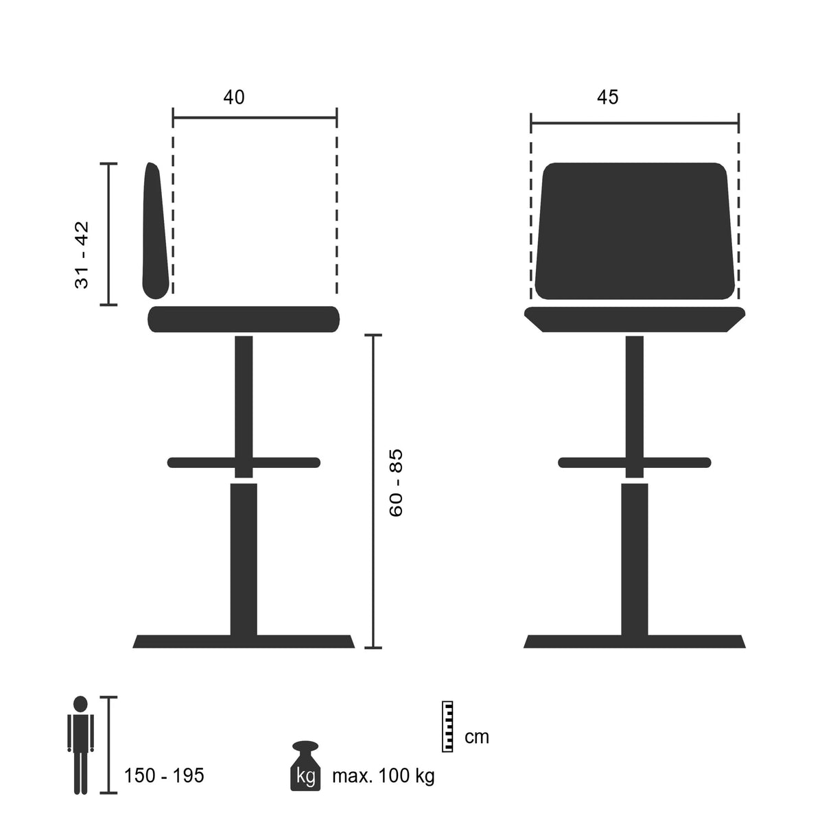 Technische Zeichnung des Counterstuhls TOP WORK 23 I mit einer Sitzhöhe von 60 bis 85 cm von hjh OFFICE