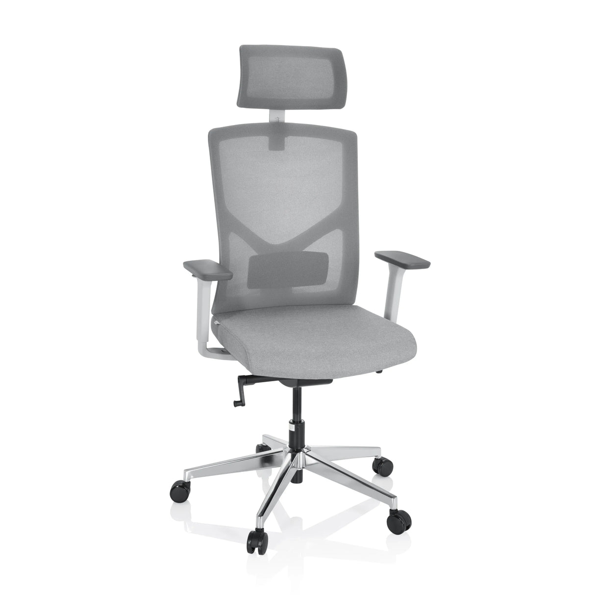 Grauer Profi-Bürostuhl BRETON PRO W mit Netzrücken, Kopfstütze und Fußkreuz mit fünf Rollen von hjh OFFICE – 360-Grad-Ansicht (Frontansicht 20°)