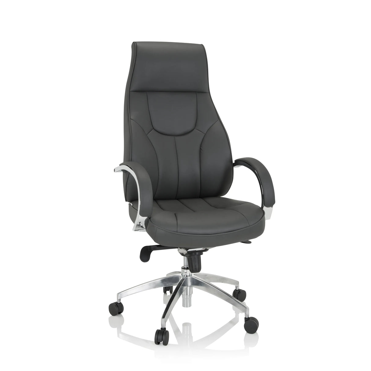 Grauer Profi-Chefsessel ELEGANCE I mit Armlehnen und glänzendem Fußkreuz mit fünf Rollen von hjh OFFICE – 360-Grad-Ansicht (Frontansicht 20°)