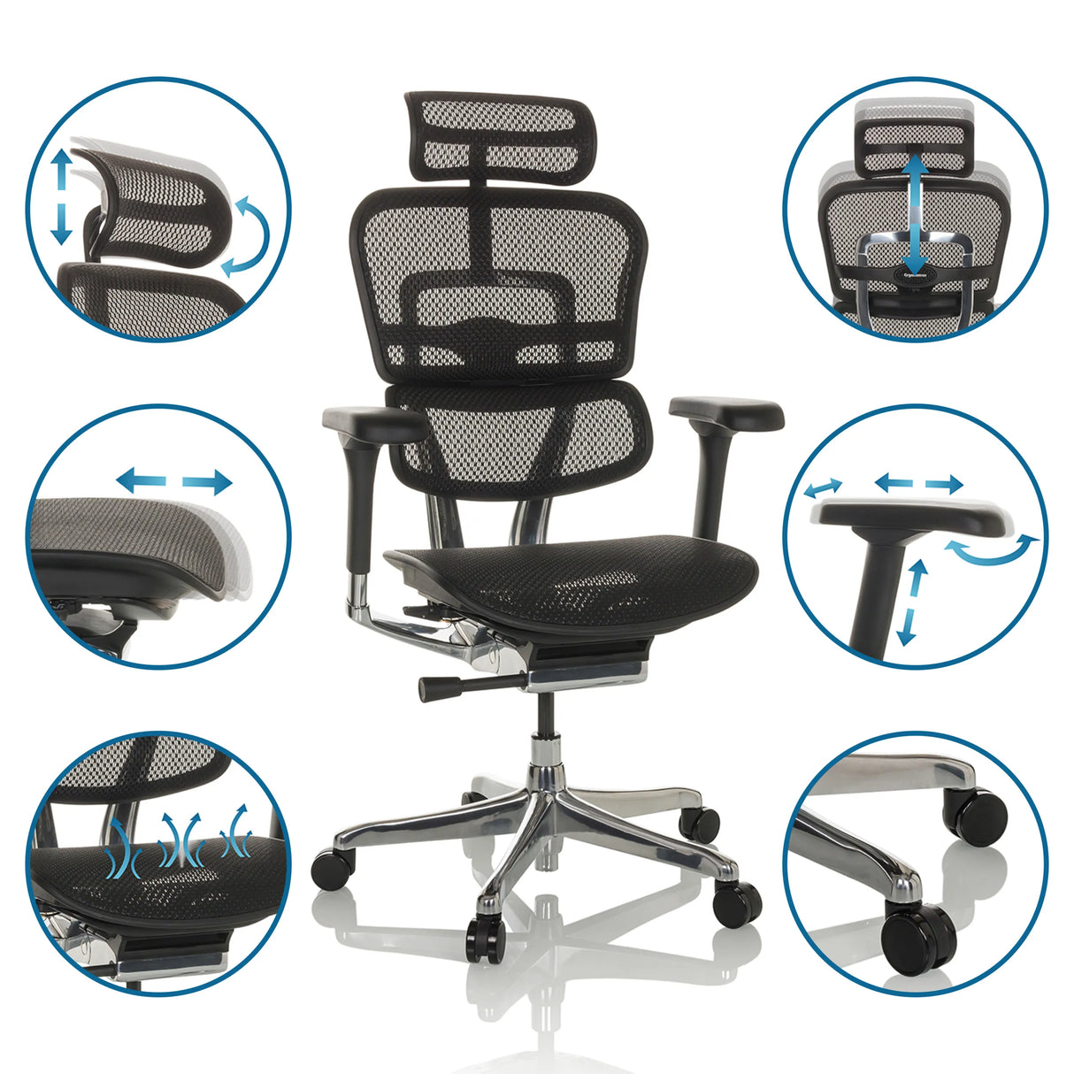 Luxus-Chefsessel ERGOHUMAN GEN2 mit verstellbarer Kopfstütze, Armlehnen und Netzbezug in Schwarz von hjh OFFICE