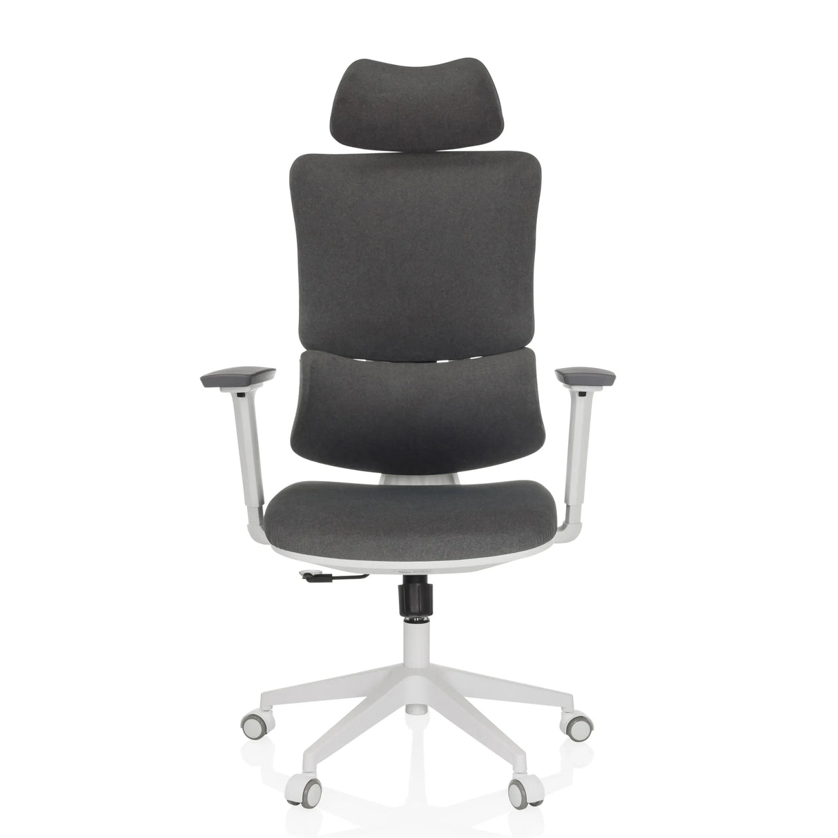 Grauer Homeoffice-Bürostuhl ERGOMY WF mit Stoffbezug, weißem Rahmen und Fußkreuz mit fünf Rollen von MyBuero – 360-Grad-Ansicht (Frontansicht 0°)