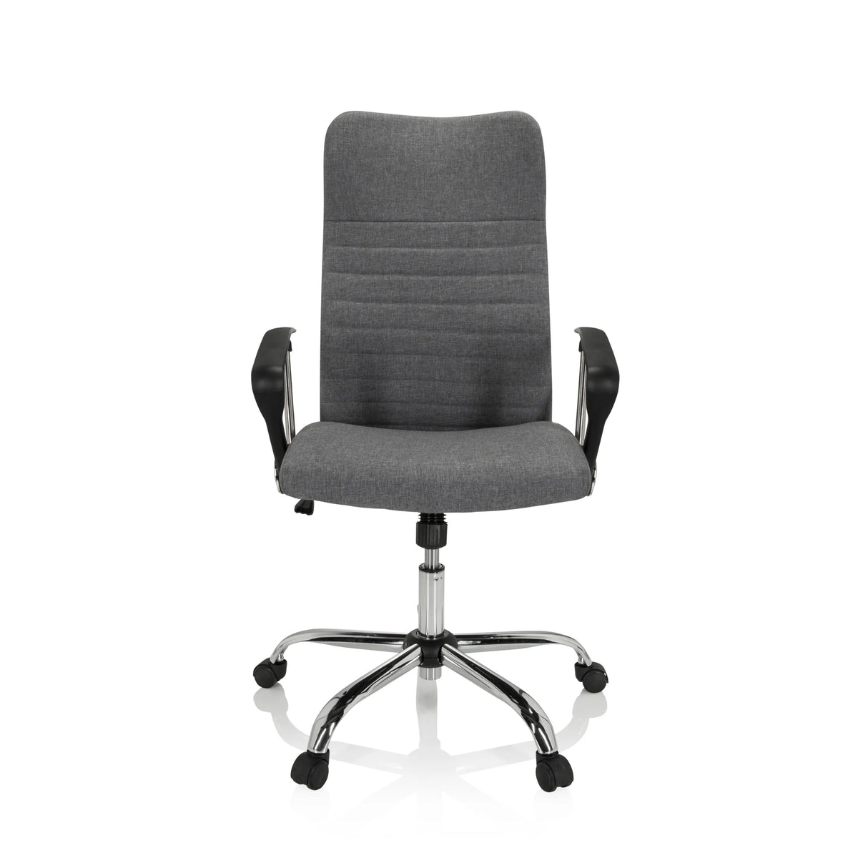 Grauer Homeoffice-Bürostuhl ARTON 40 mit Armlehnen und glänzendem Fußkreuz mit fünf Rollen von hjh OFFICE – 360-Grad-Ansicht (Frontansicht 0°)