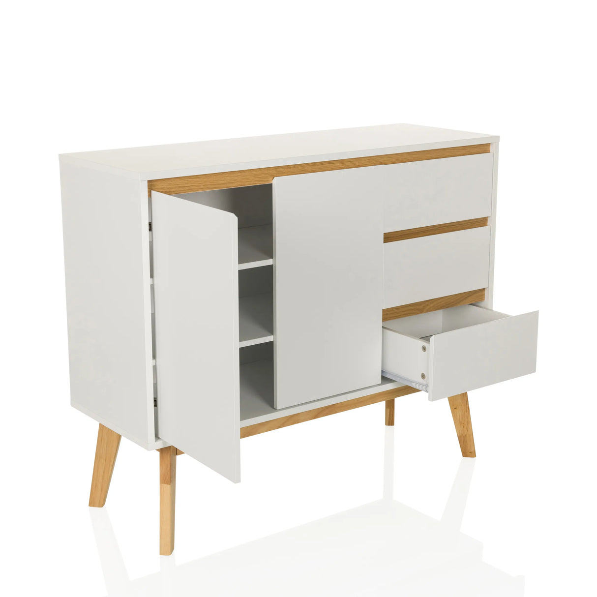 Weißes Sideboard TAROLO I mit geöffneter Tür und einer Schublade auf Holzfüßen von hjh LIVING