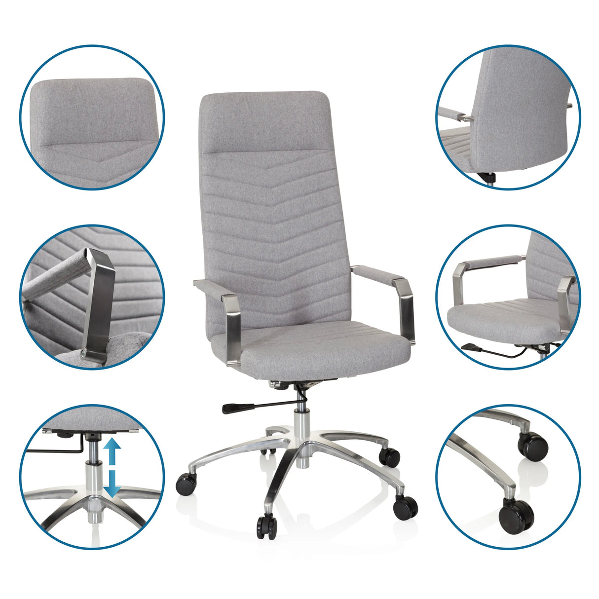 Hellgrauer Homeoffice-Bürostuhl SARANTO PLUS mit Detailansichten von Stoff, Armlehnen, Gasfeder und Rollen von hjh OFFICE
