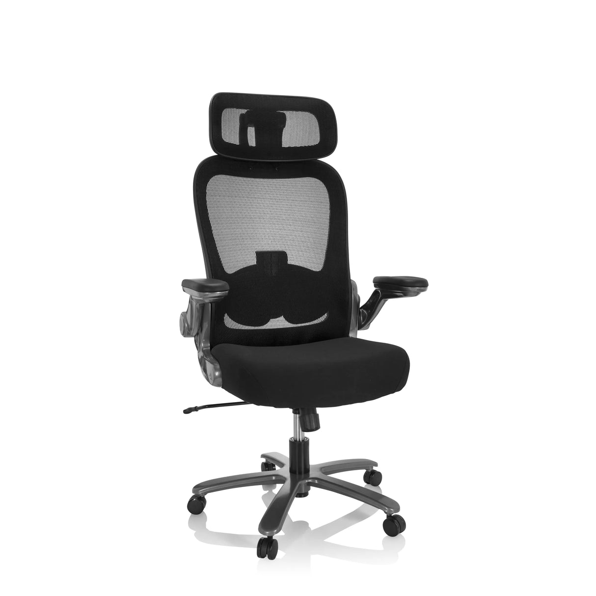 Schwarzer XXL Drehstuhl INSTRUCTOR T I PRO mit Netzrücken und Fußkreuz mit fünf Rollen von hjh OFFICE – 360-Grad-Ansicht (Frontansicht 20°)