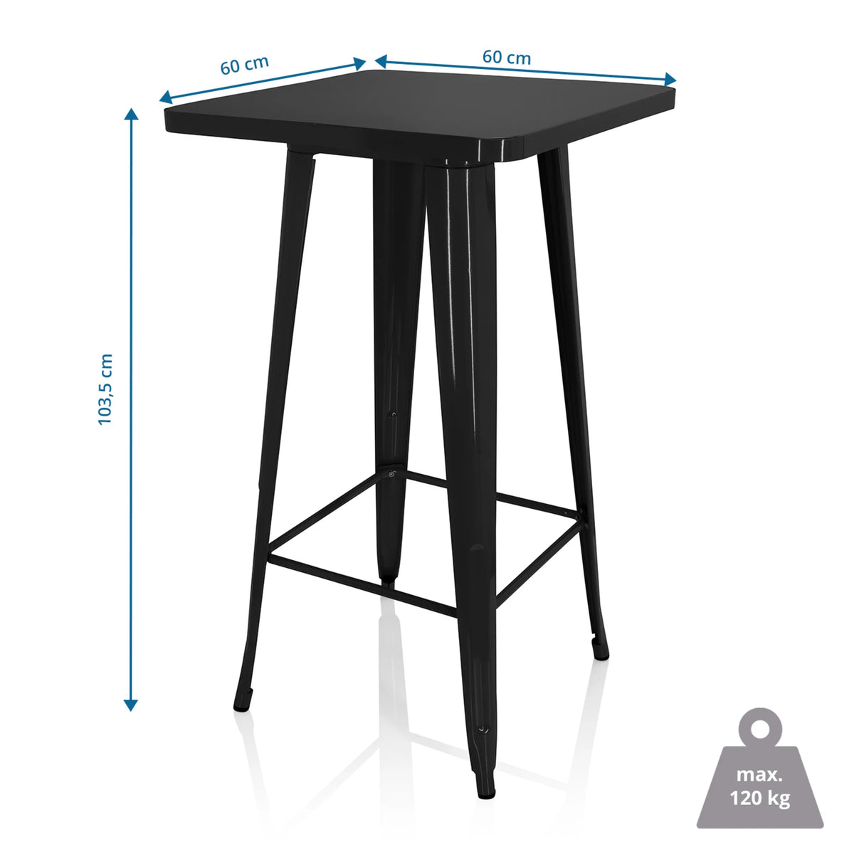 Maßzeichnung des Bartisches VANTAGGIO HIGH T mit 60 × 60 cm und einer Höhe von 103,5 cm von hjh OFFICE