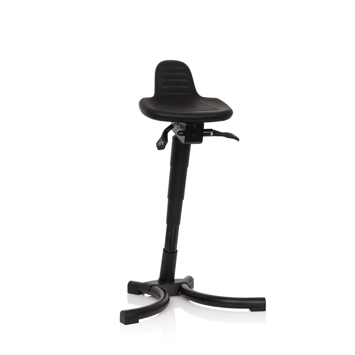 Schwarze Stehhilfe TOP WORK 34 mit Sitzfläche, Rückenlehne und vierfußigem Standfuß von hjh OFFICE – 360-Grad-Ansicht (Frontansicht 20°)