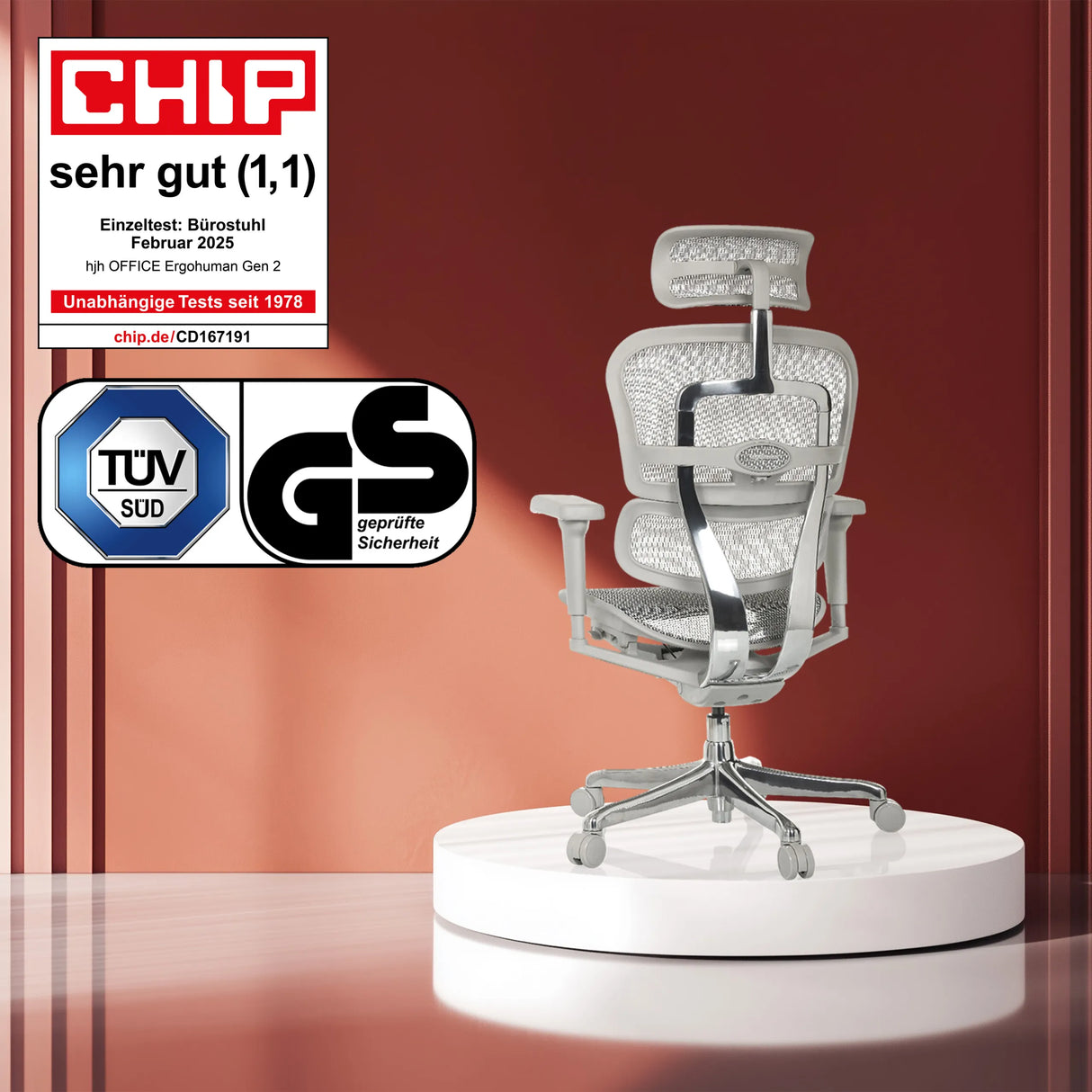Grauer Luxus-Chefsessel ERGOHUMAN ULTRA G GEN2 mit Netzbespannung und Kopfstütze von hjh OFFICE