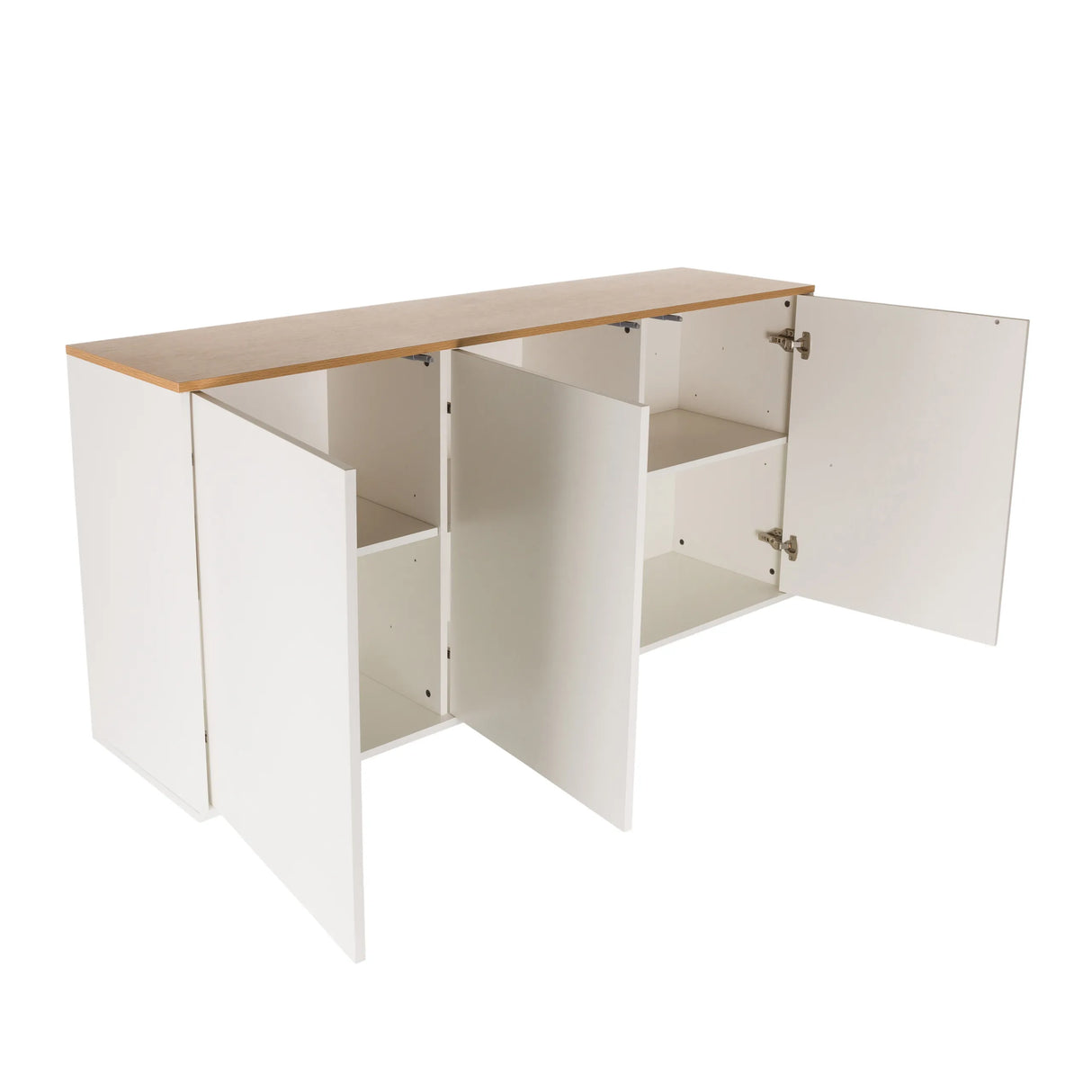 Geöffnetes Sideboard KELO S in Weiß mit einer Tischplatte in Eicheoptik von hjh LIVING