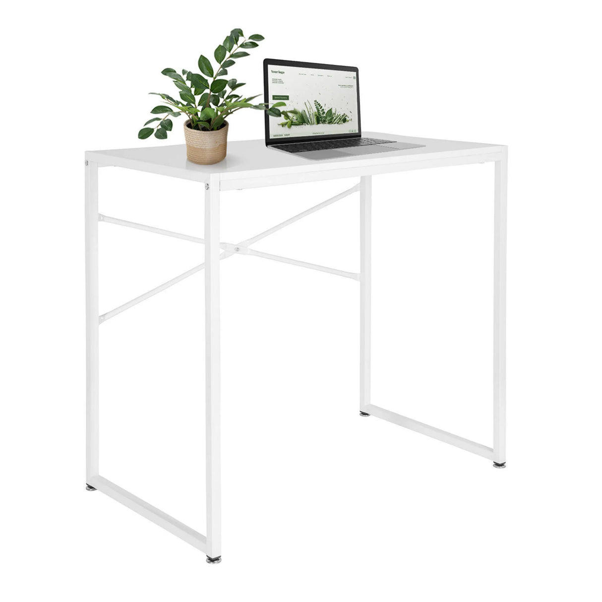 Weißer Schreibtisch EASY UP H I mit Metallgestell und einer Laptop sowie einer Pflanze von hjh OFFICE