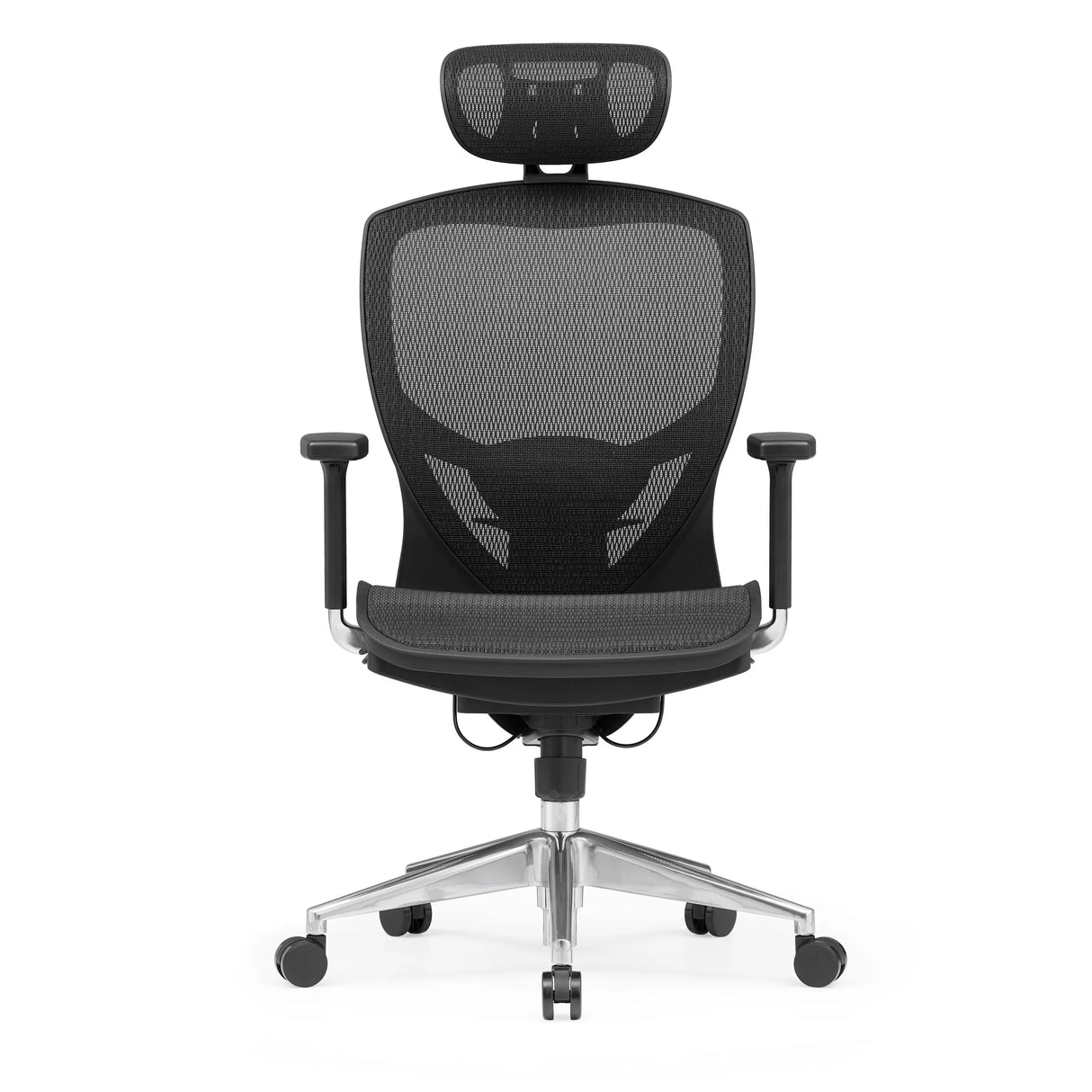 Schwarzer High-End-Bürostuhl VENUS ONE mit Netzrücken und Fußkreuz mit fünf Rollen von hjh OFFICE – 360-Grad-Ansicht (Frontansicht 0°)