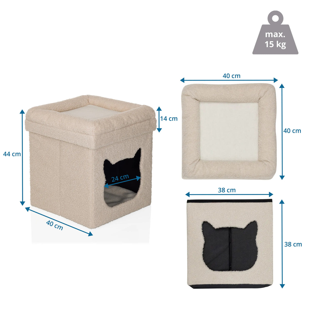 Maßzeichnung des Katzenhauses PAWY ES mit 40 × 40 cm und maximal 15 kg Belastung von hjh LIVING