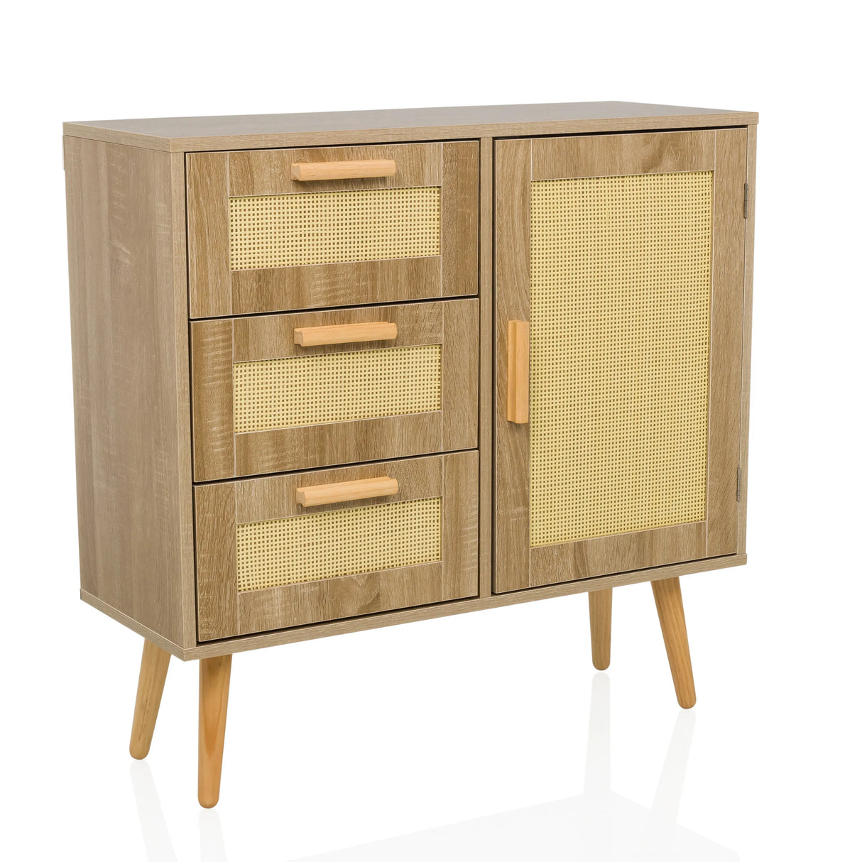 Hellbraunes Sideboard STRYN mit drei Schubladen, einer Tür und Wiener Geflecht von hjh LIVING – 360-Grad-Ansicht (schräge Frontansicht 30°)