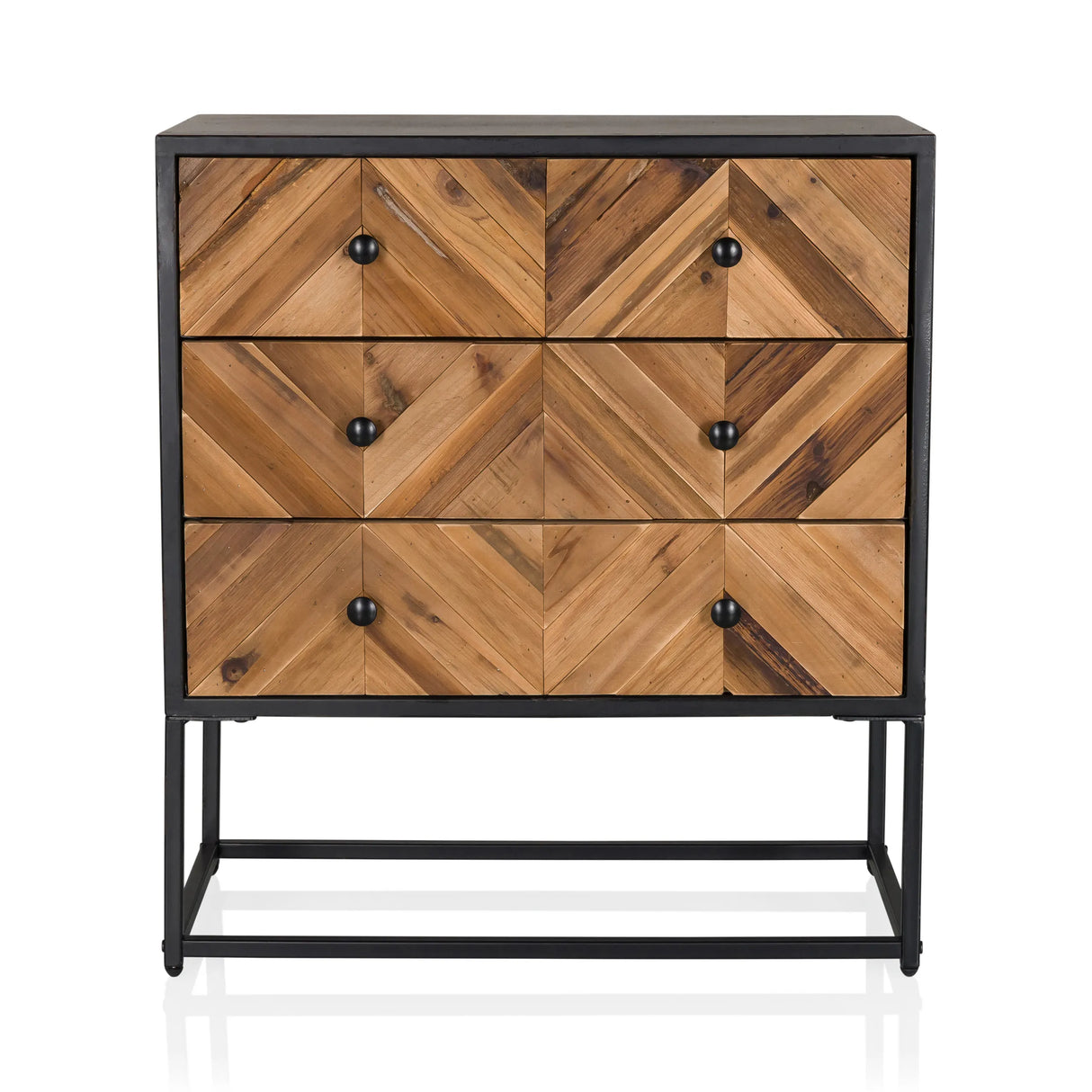 Sideboard SANTJAGO BLACK SUN L mit drei Schubladen aus Holz in Fischgräten-Optik und schwarzem Gestell von hjh LIVING
