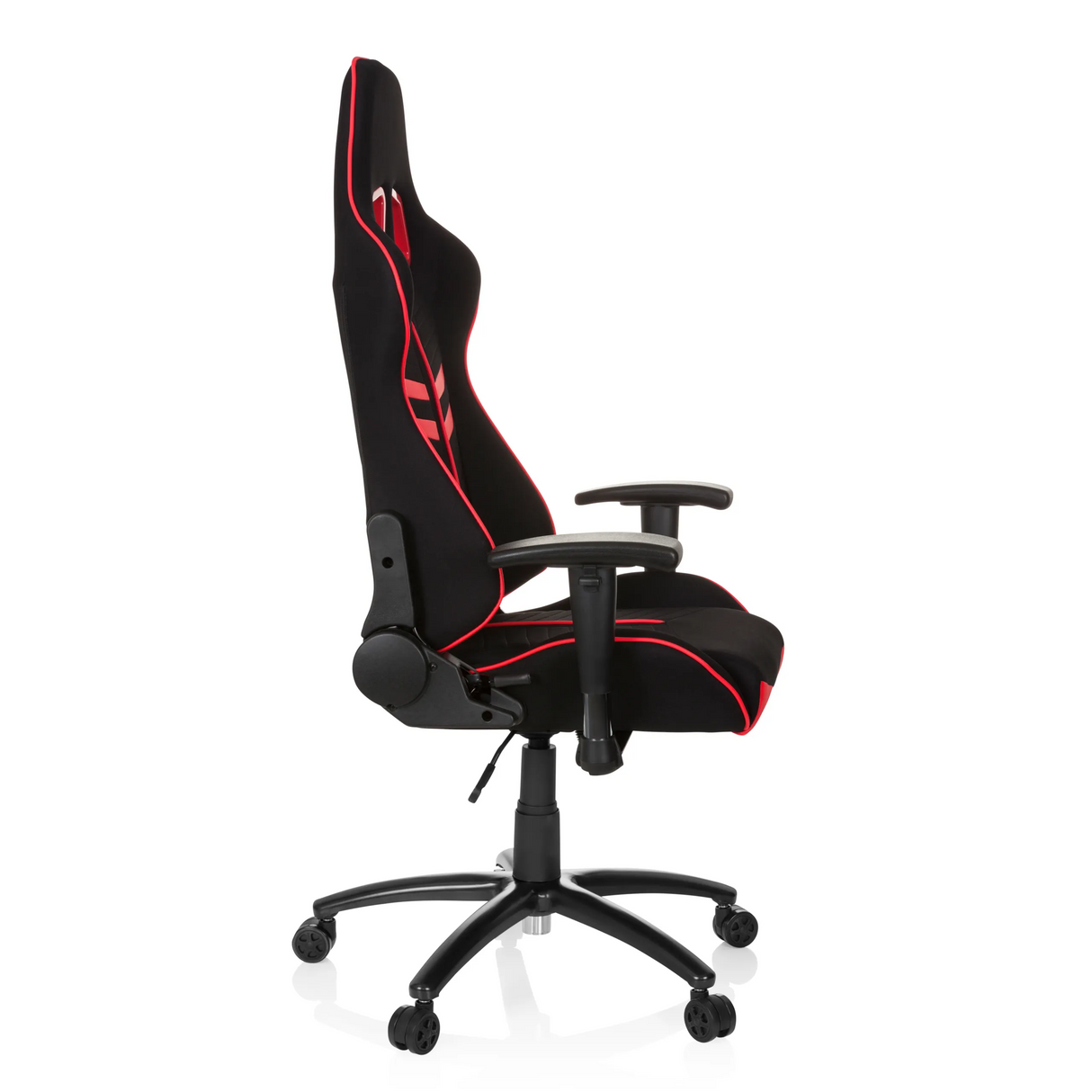 Schwarz-roter Gamingstuhl LEAGUE PRO I mit zwei Kopfstützen-Öffnungen und Fußkreuz mit fünf Rollen von hjh OFFICE – 360-Grad-Ansicht (Seitenprofil 80°)