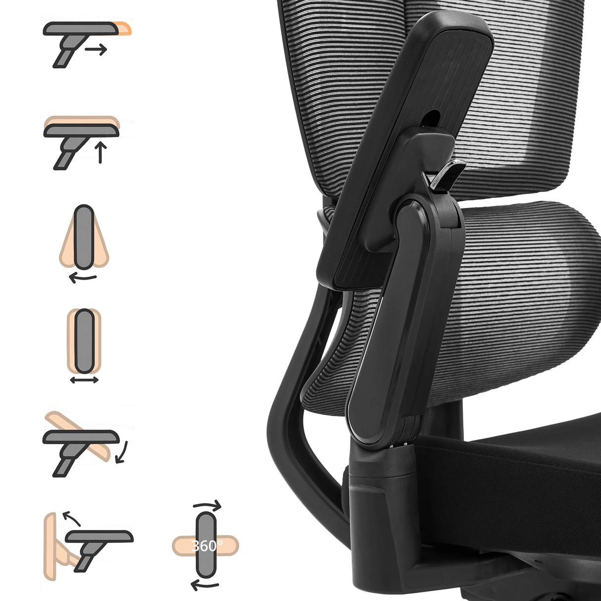 Vierdimensional verstellbare Armlehne des Profi-Bürostuhls Ergo U2 Flex3 mit Funktionsdiagrammen von hjh OFFICE