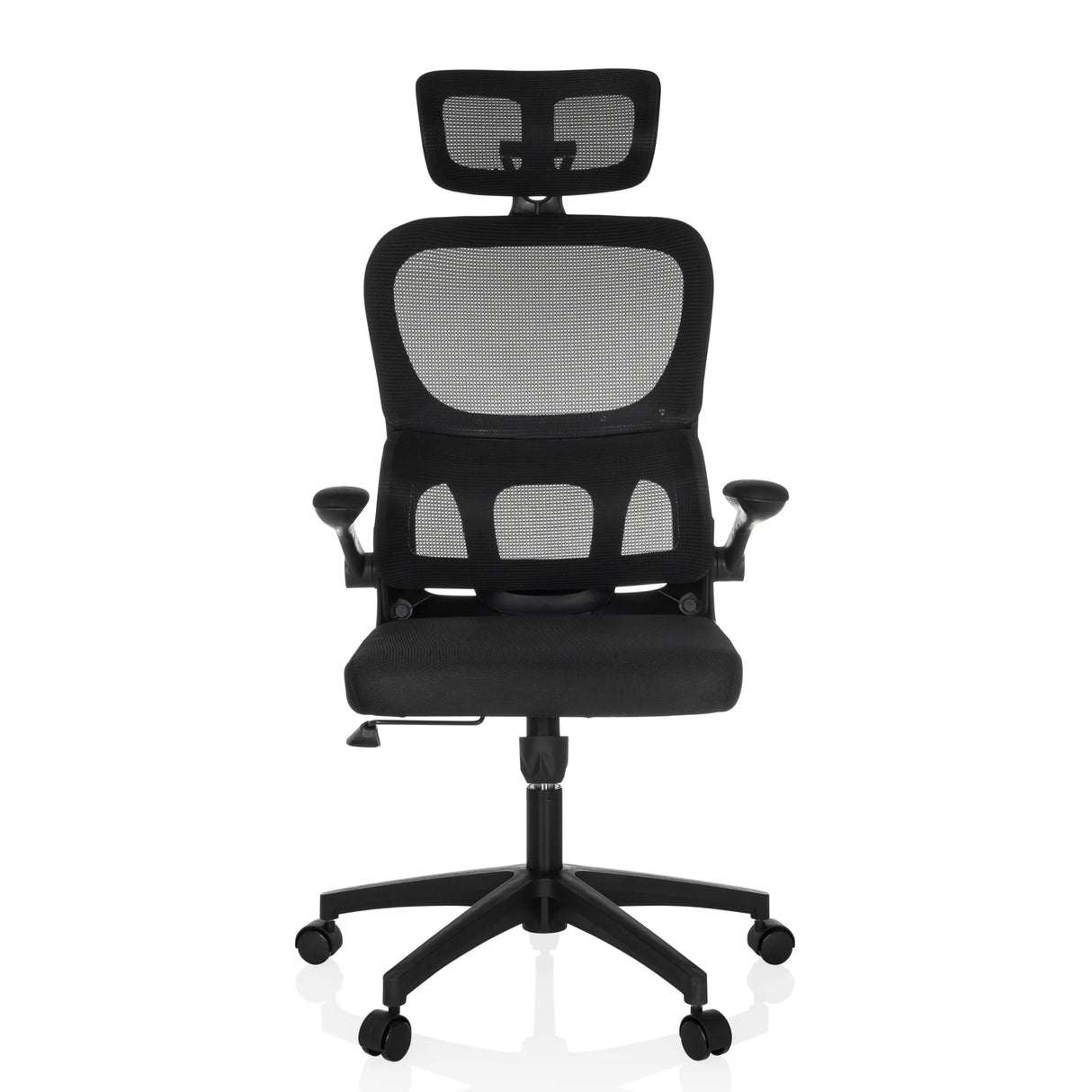 Schwarzer Homeoffice-Bürostuhl ERGOMY FLEX mit Netzrücken, Kopfstütze und Fußkreuz mit fünf Rollen von MyBuero – 360-Grad-Ansicht (Frontansicht 0°)