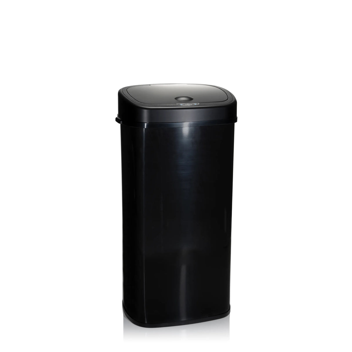 Schwarzer Sensor-Mülleimer CLEAN VI mit glänzendem Deckel von hjh OFFICE – 360-Grad-Ansicht (schräge Rückenansicht 120°)