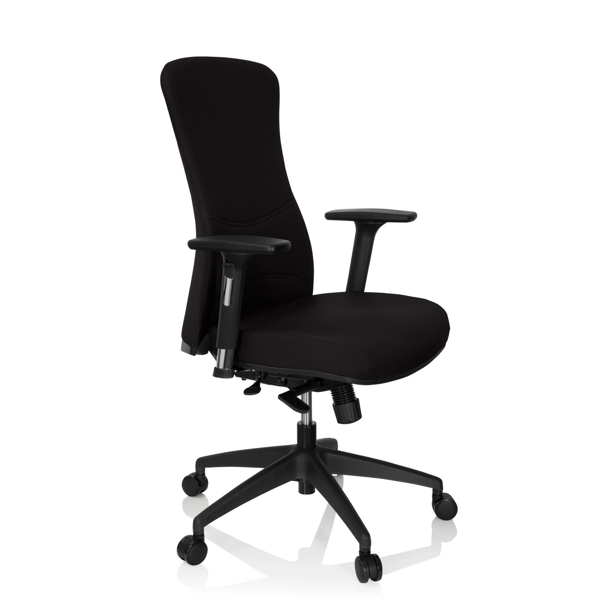 Schwarzer Profi-Bürostuhl OFFICE XT PRO mit Armlehnen und Fußkreuz mit fünf Rollen von hjh OFFICE – 360-Grad-Ansicht (schräge Frontansicht 60°)