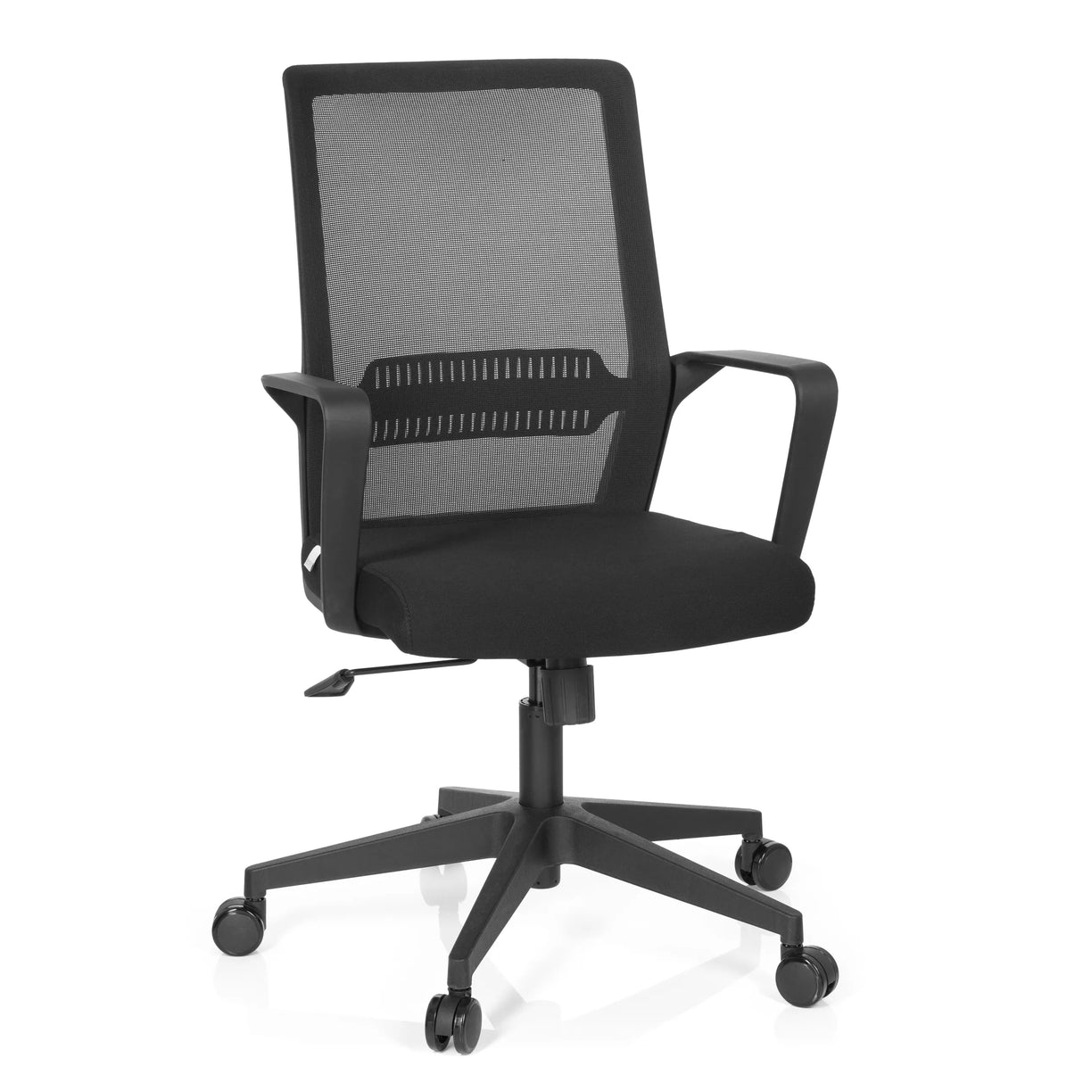 Schwarzer Home-Office-Bürostuhl PRESTON mit Netzrücken und Fußkreuz mit fünf Rollen von hjh OFFICE – 360-Grad-Ansicht (Frontansicht 20°)