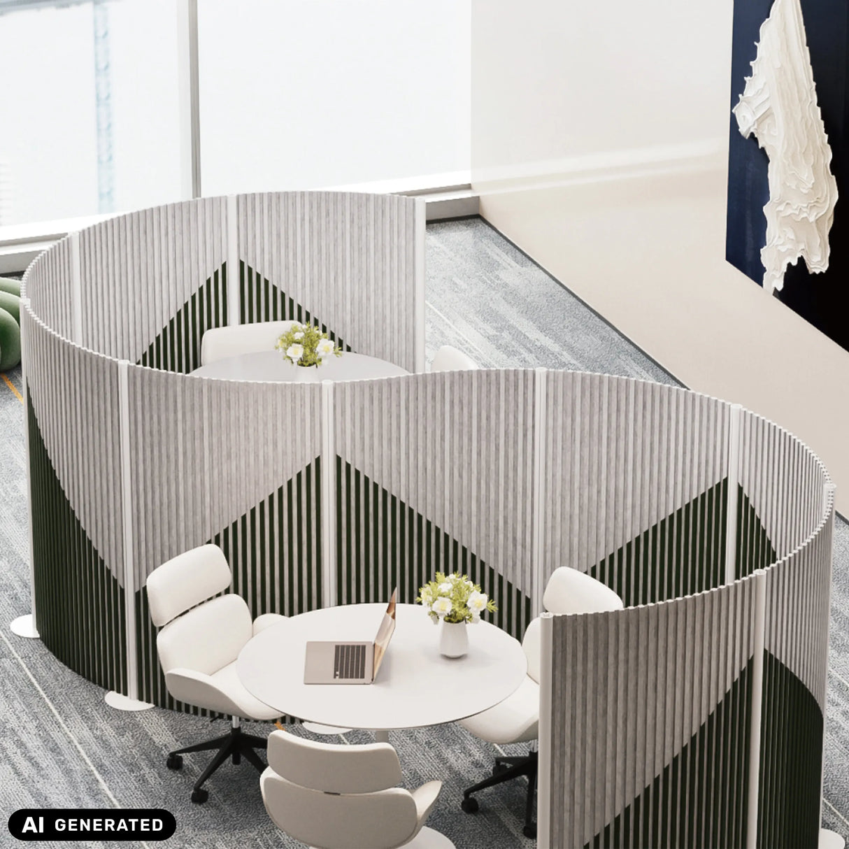 Graue Trennwände Flexmiut Wave mit vertikaler Lamellenstruktur als Sichtschutz von hjh OFFICE (KI-generiertes Bild)