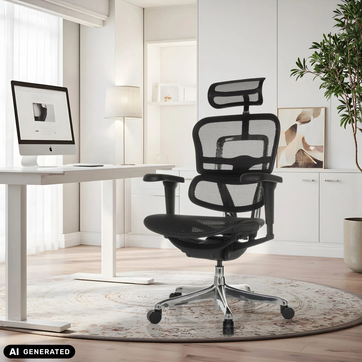 Schwarzer Luxus-Chefsessel ERGOHUMAN ULTRA GEN2 mit Netzrücken in einem Homeoffice von hjh OFFICE (KI-generiertes Bild)