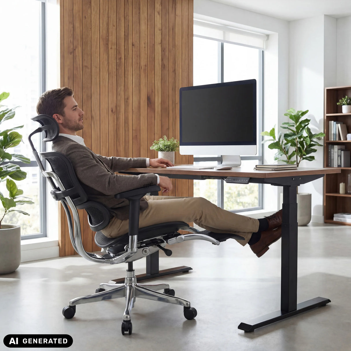 Luxus-Chefsessel ERGOHUMAN PLUS LEGPRO GEN2 mit Netzrücken in Schwarz von hjh OFFICE (KI-generiertes Bild)