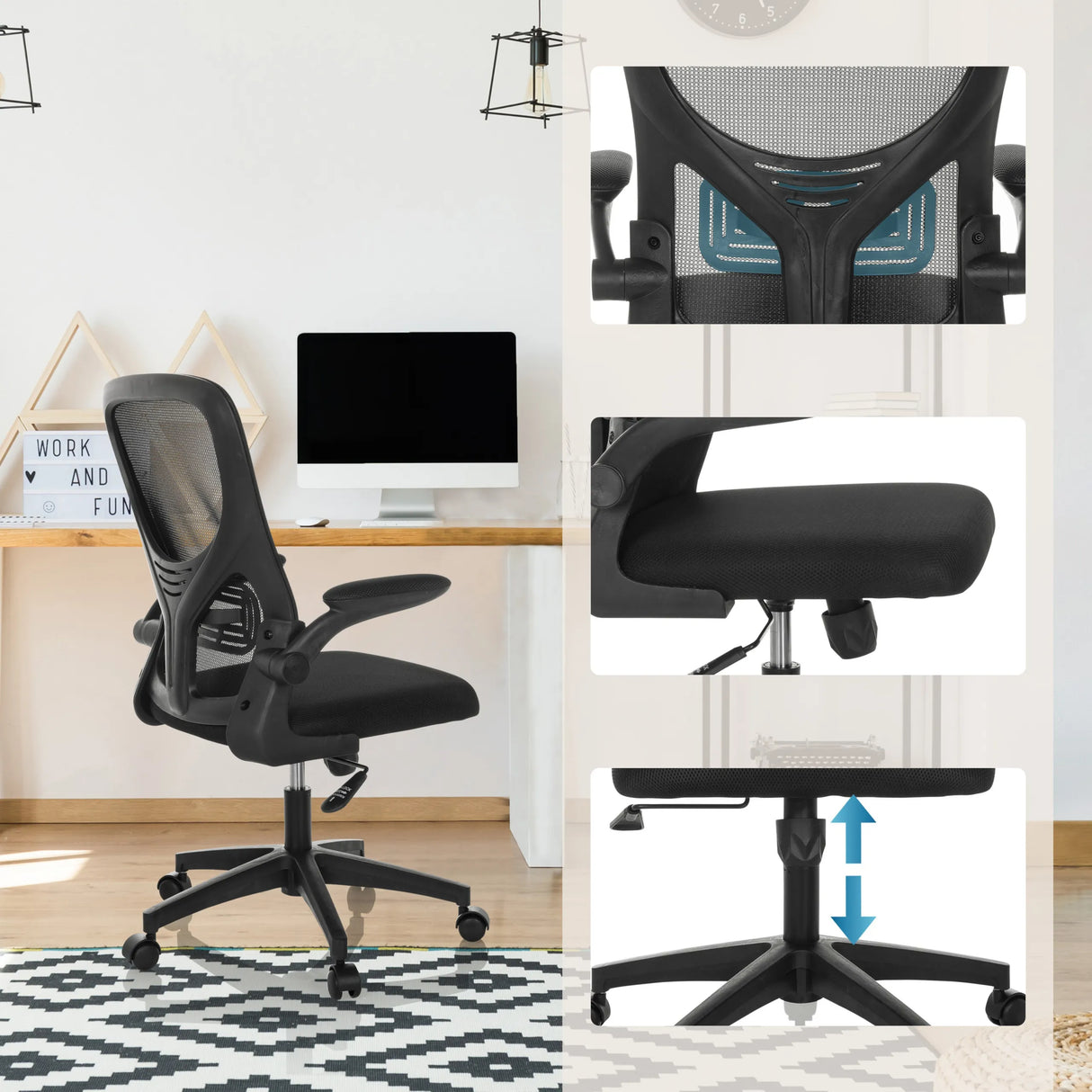 Schwarz gefärbter Homeoffice Bürostuhl BELIO mit Netzrücken und Höhenverstellung von hjh OFFICE