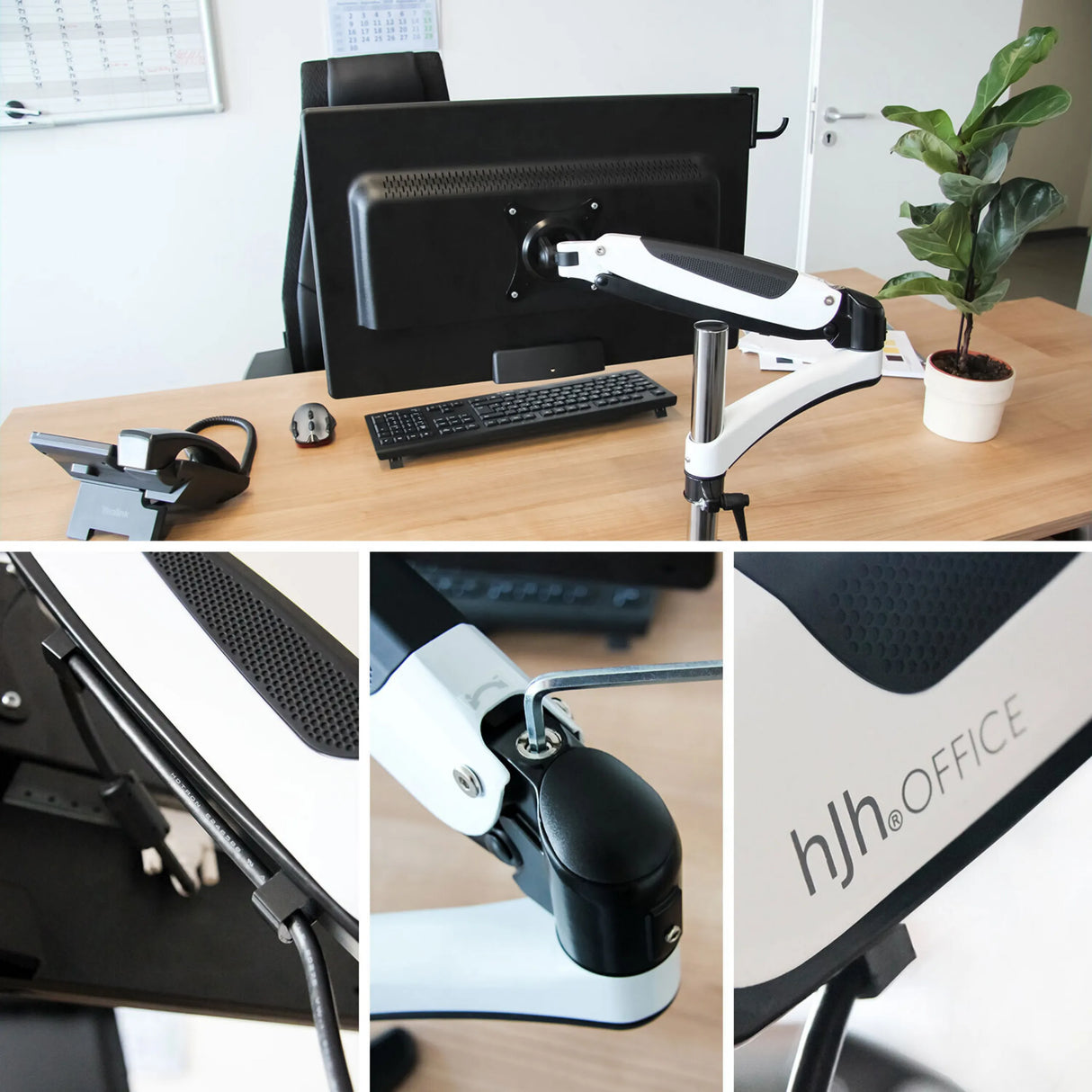 Weiß-schwarze Monitorhalterung VM-MG1 mit Gelenkarm, Kabelmanagement und Firmenlogo von hjh OFFICE