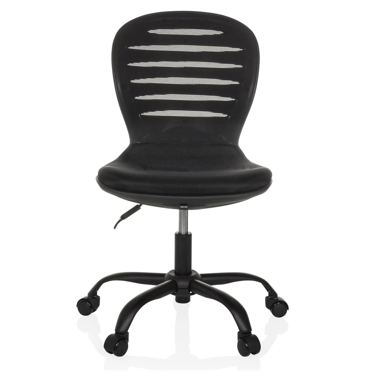 Schwarzer Homeoffice-Bürostuhl CASLA mit Netzrücken und Fußkreuz mit fünf Rollen von hjh OFFICE – 360-Grad-Ansicht (Frontansicht 0°)