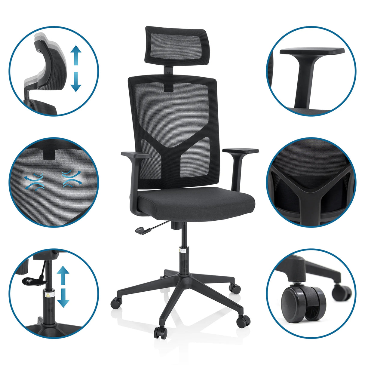 Home-Office-Bürostuhl BRETON B in Schwarz mit verstellbarer Kopfstütze und Armlehnen von hjh OFFICE