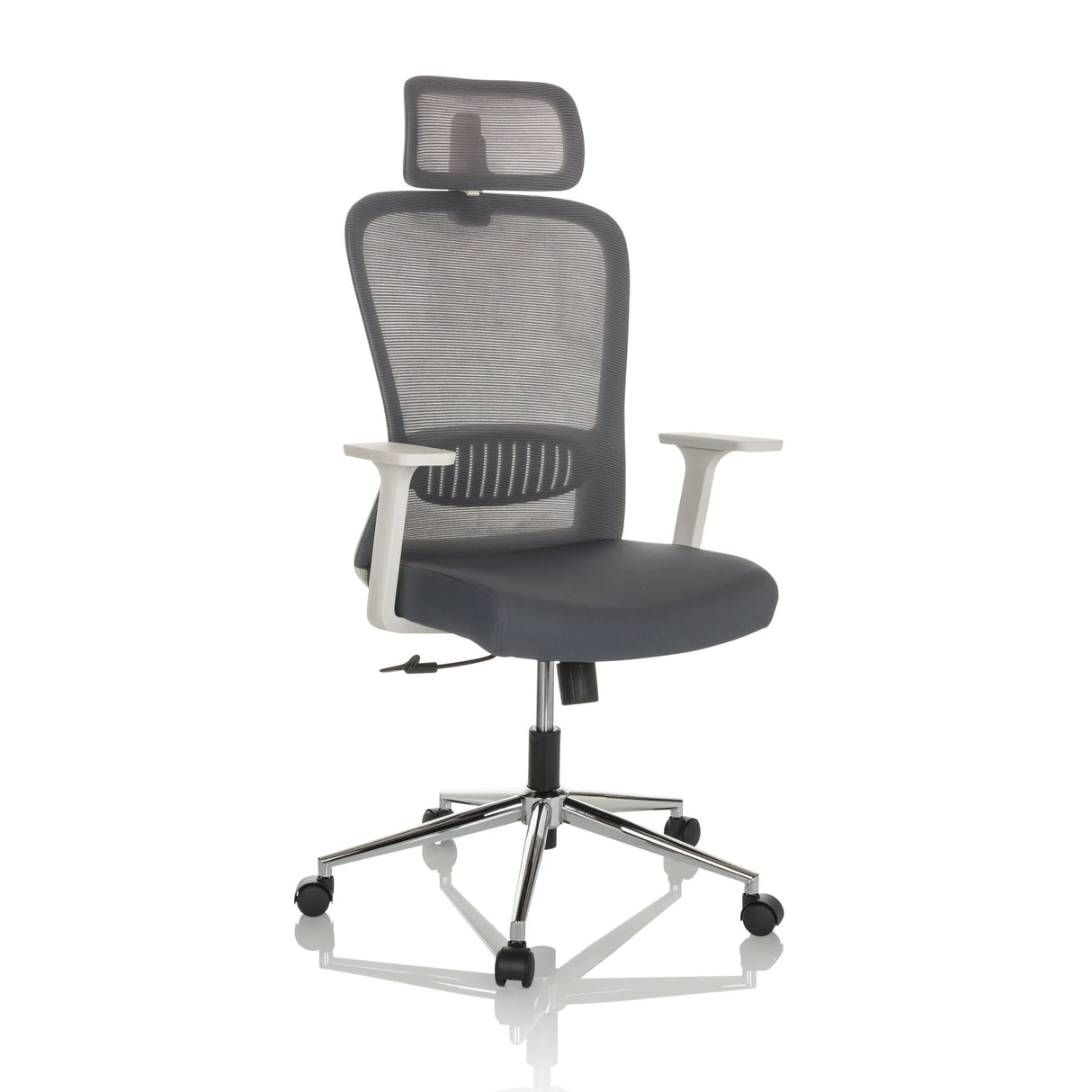 Grauer Homeoffice-Bürostuhl BELAIA W mit Netzrücken, Kopfstütze und Fußkreuz mit fünf Rollen von hjh OFFICE – 360-Grad-Ansicht (schräge Frontansicht 30°)